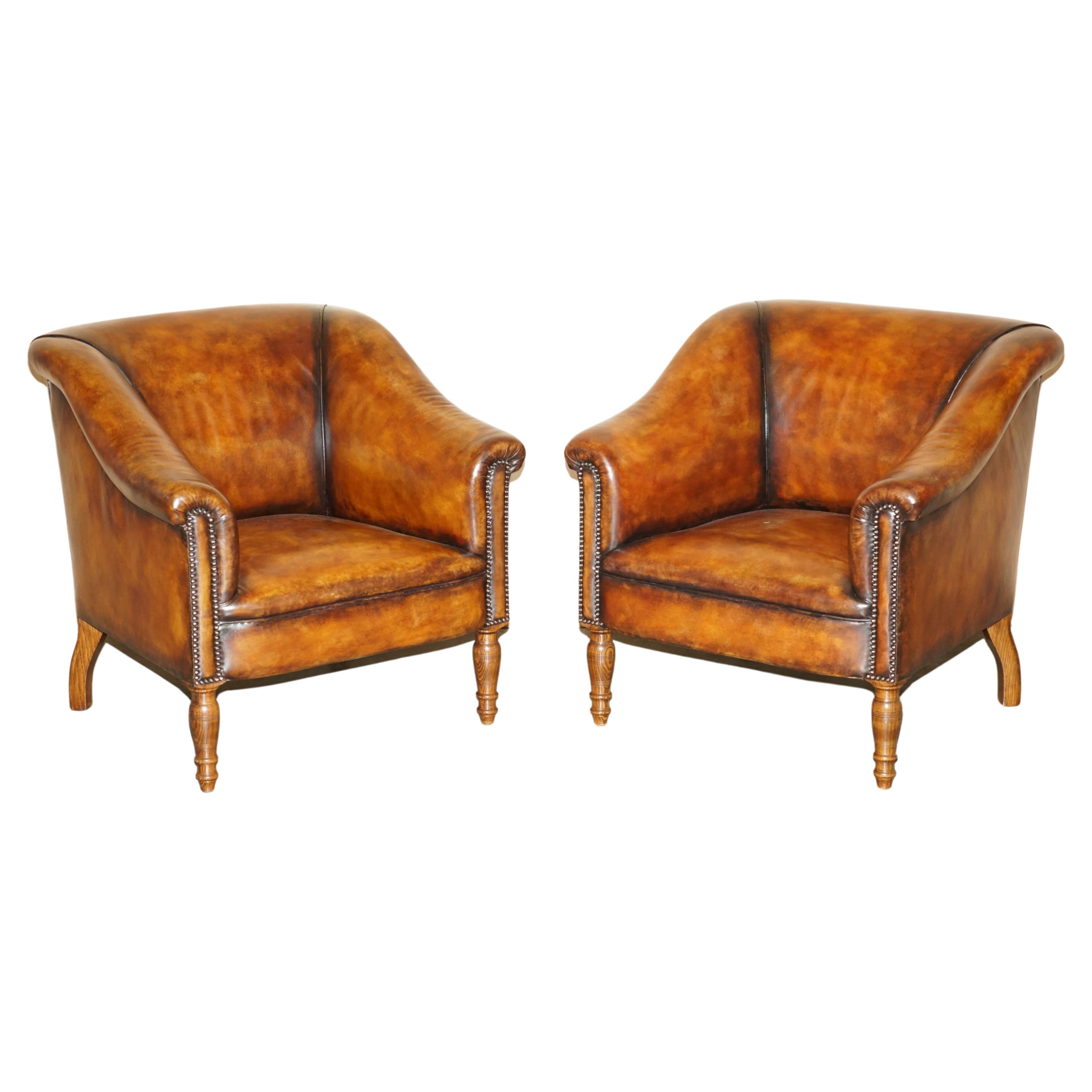 PAIR OF GEORGE SMITH SOMERVILLE RESTORED BROWN LEATHER ARMCHAiRS For Sale