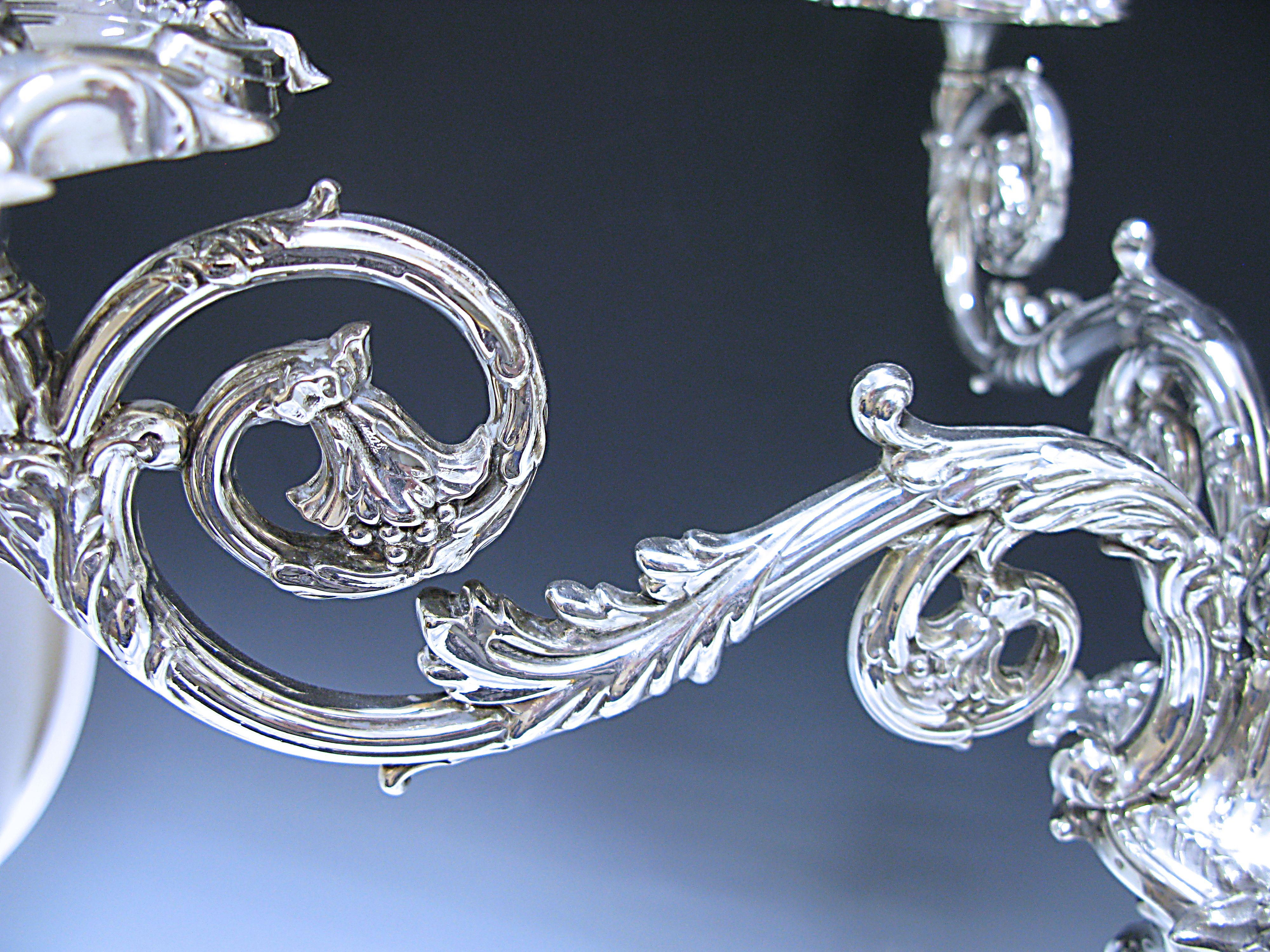 English Pair of Antique Sterling Silver Five-Light Candelabra by Walker & Hall