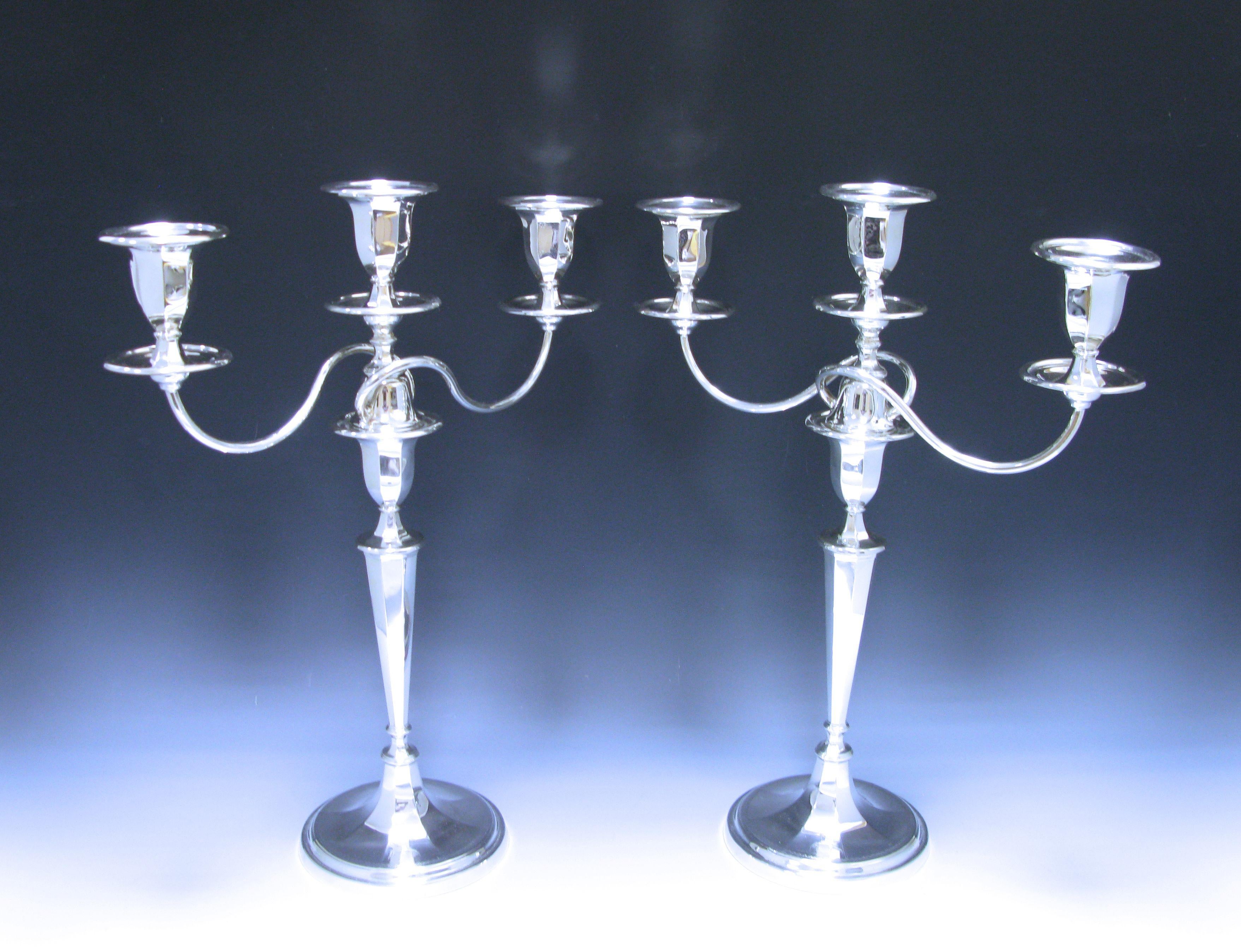 Georgian Pair of George V Antique Sterling Silver Three-Light Candelabra Made in 1912 For Sale