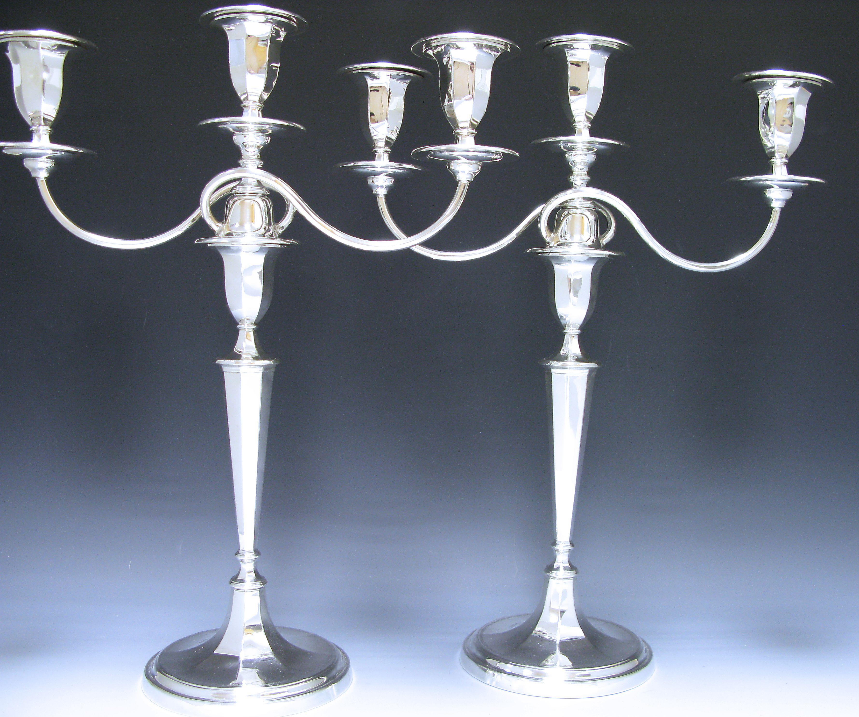 Early 20th Century Pair of George V Antique Sterling Silver Three-Light Candelabra Made in 1912 For Sale