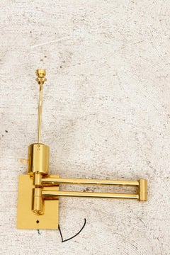 Pair of George W Hansen Brass Swing Arm Lamps with Rattan Shades