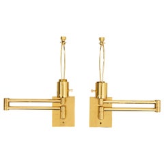 Pair of George W Hansen Brass Swing Arm Lamps with Rattan Shades