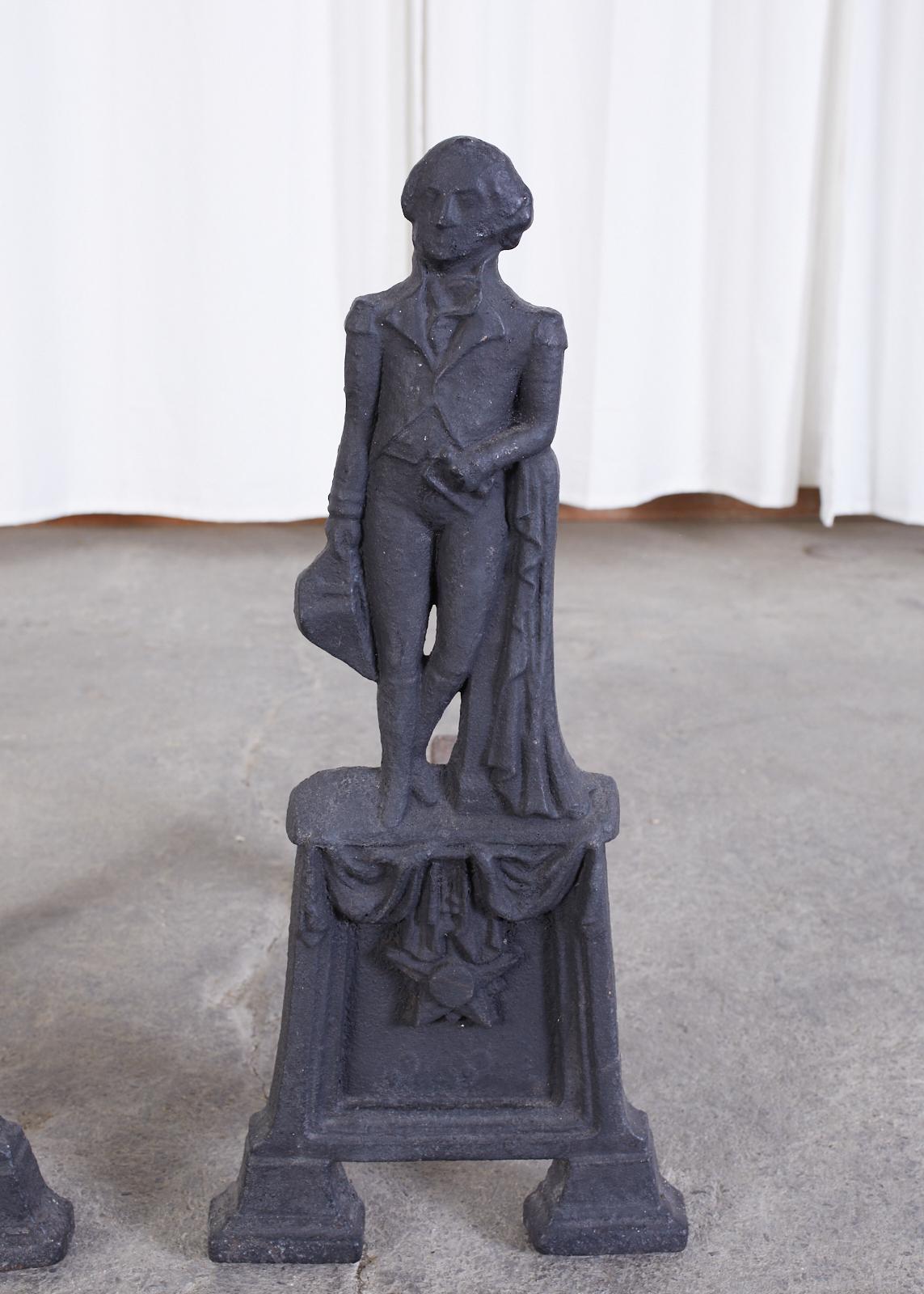 American Empire Pair of George Washington Cast Iron Andirons