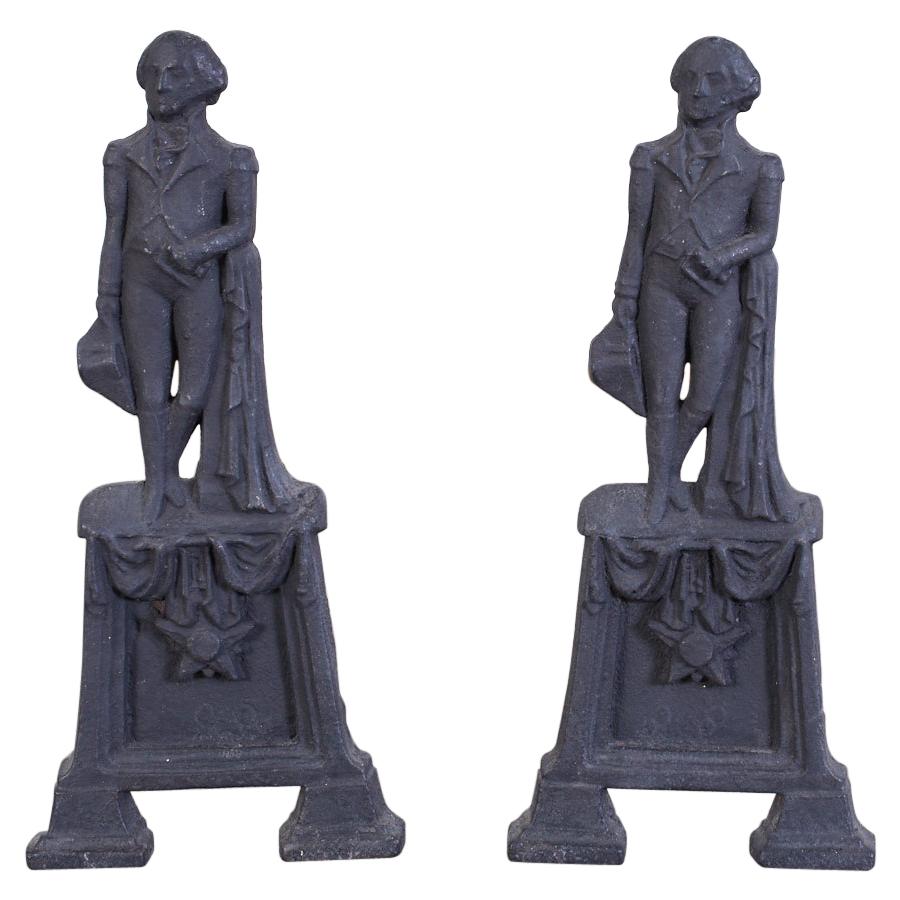 Pair of George Washington Cast Iron Andirons For Sale