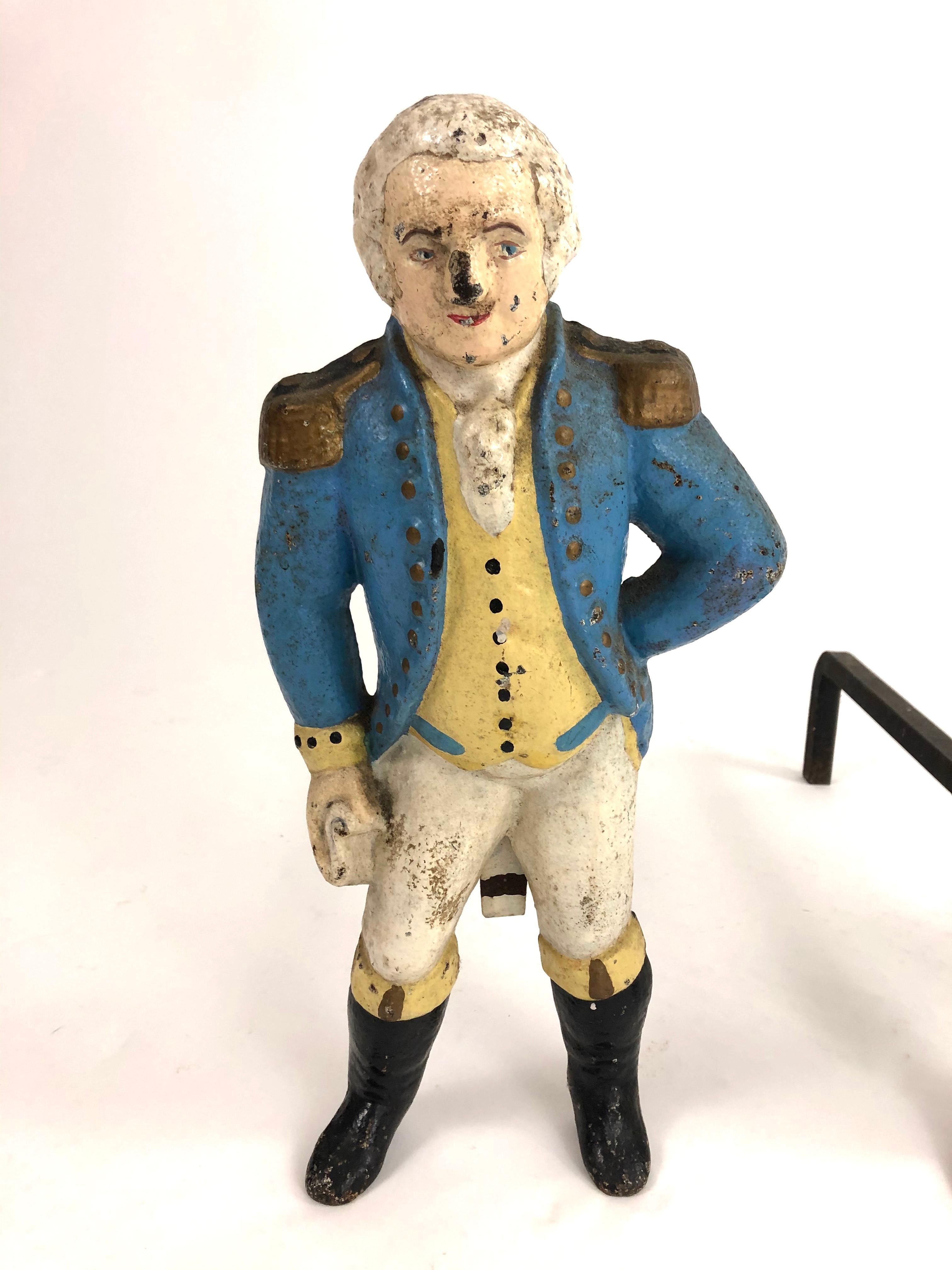 Pair of George Washington Painted Cast Iron Andirons In Good Condition In Essex, MA