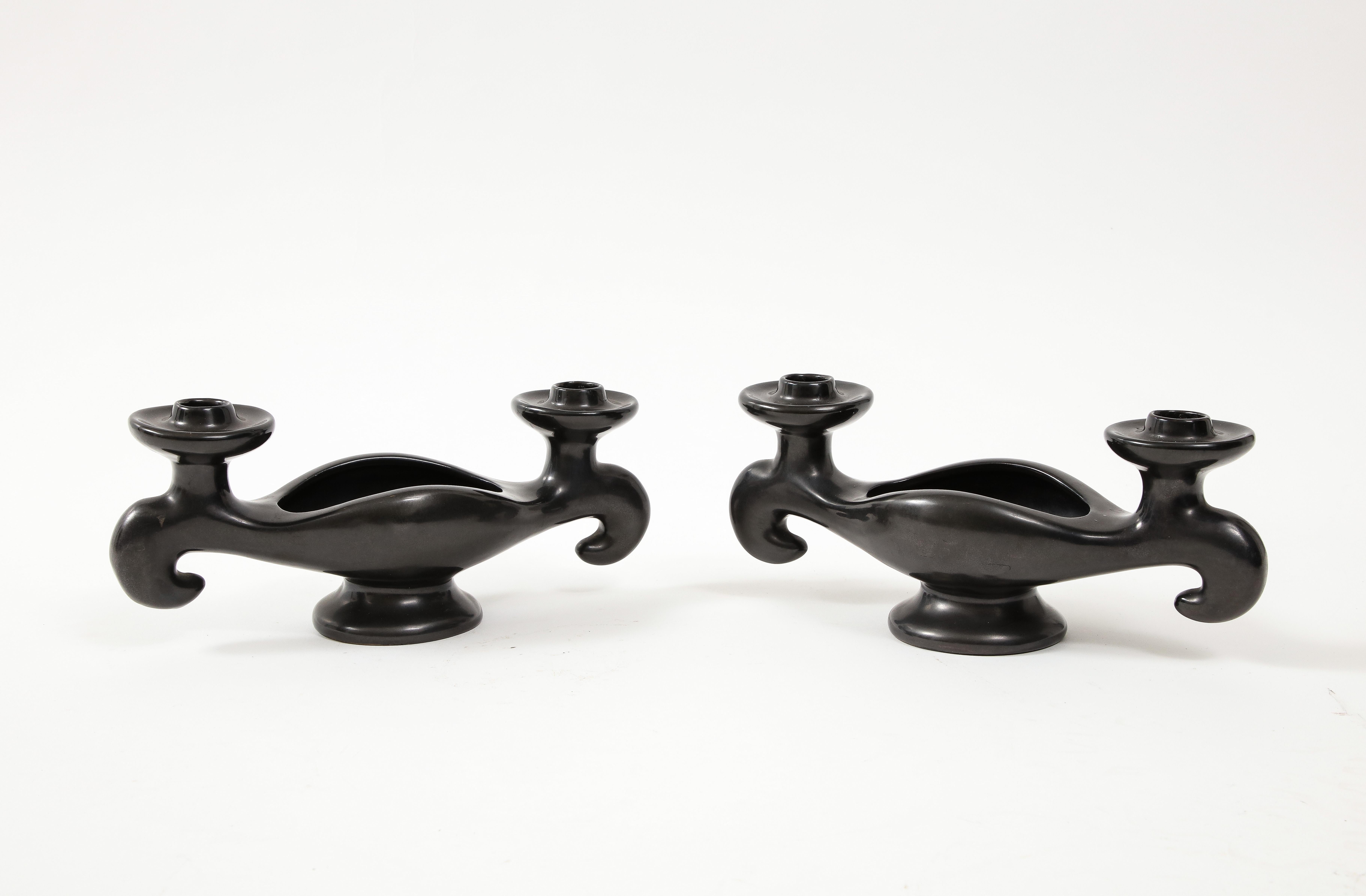 French Pair of Georges Jouve Style Period Candlesticks, France, c . 1950’s