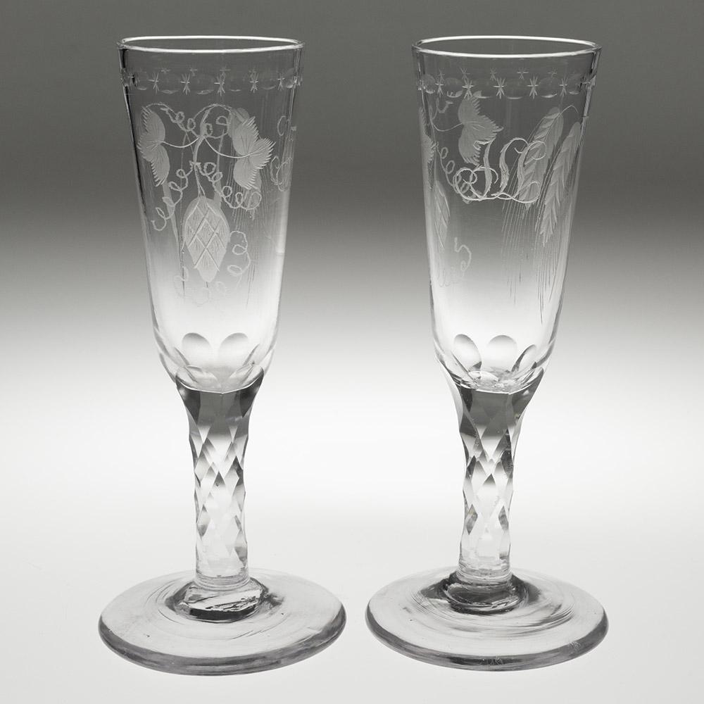 British Pair of Georgian Ale Glasses with Facet Cut Stems c1780 For Sale