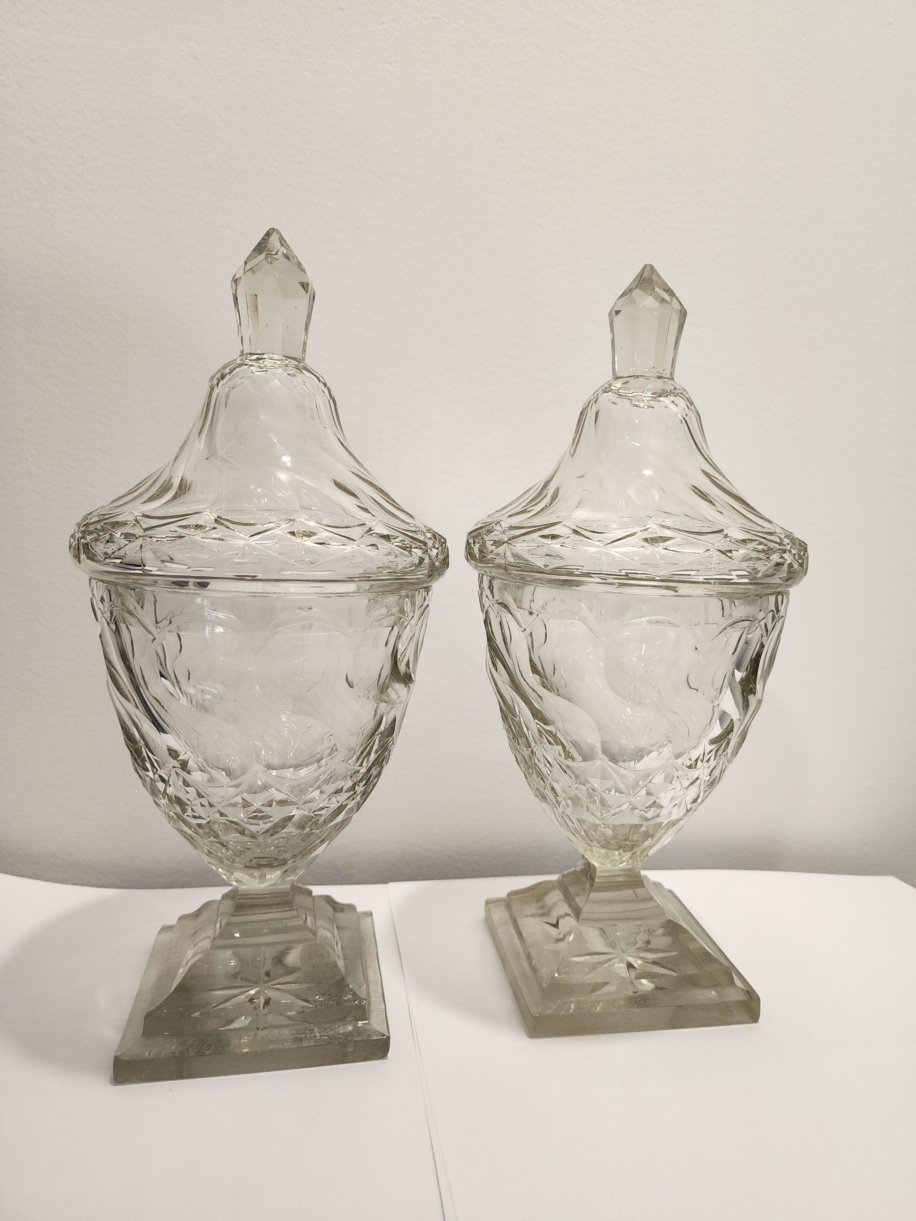 English Pair of Georgian Anglo-Irish Cut Crystal Sweet Meat Covered Urns