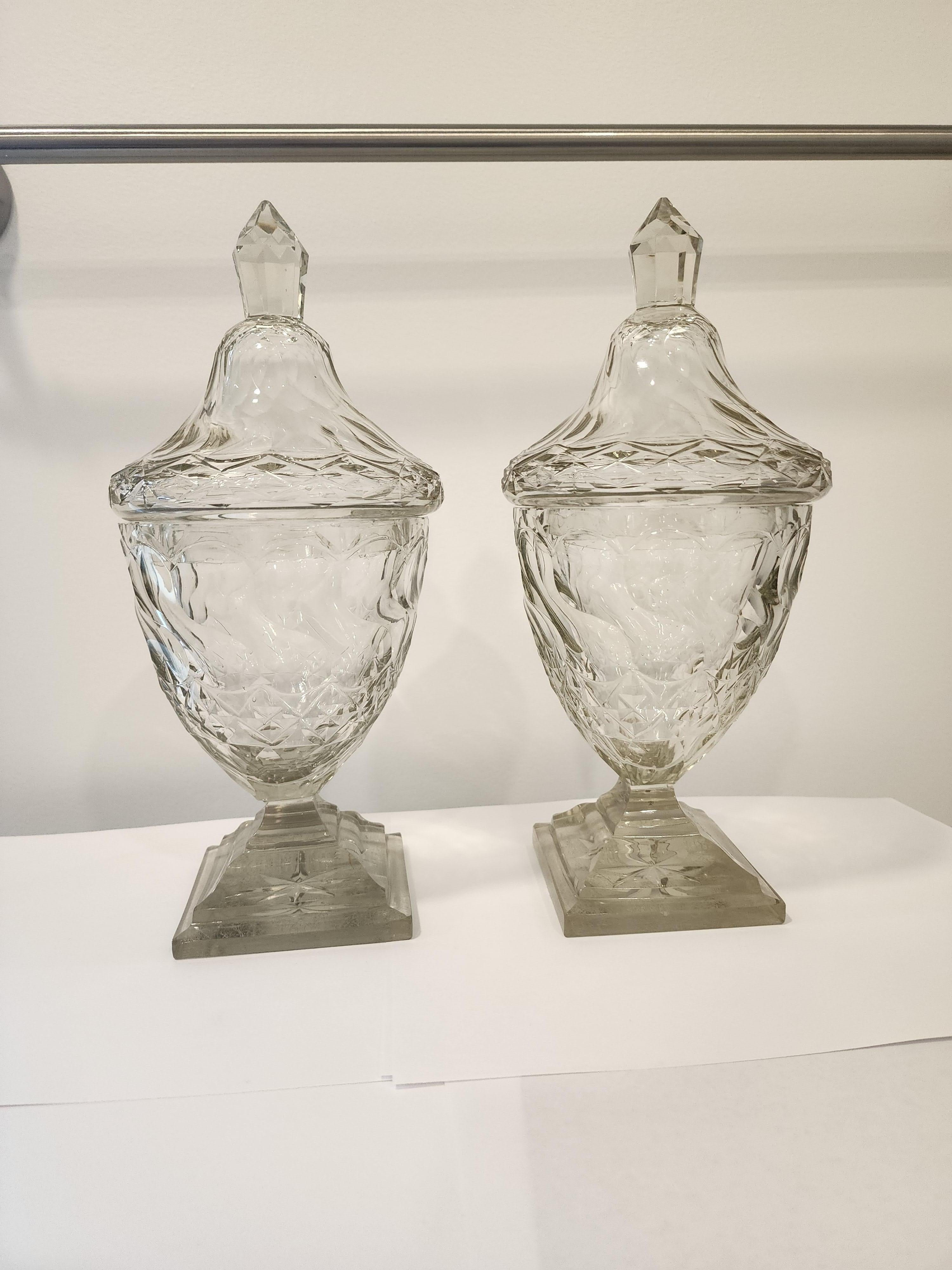 Late 18th Century Pair of Georgian Anglo-Irish Cut Crystal Sweet Meat Covered Urns