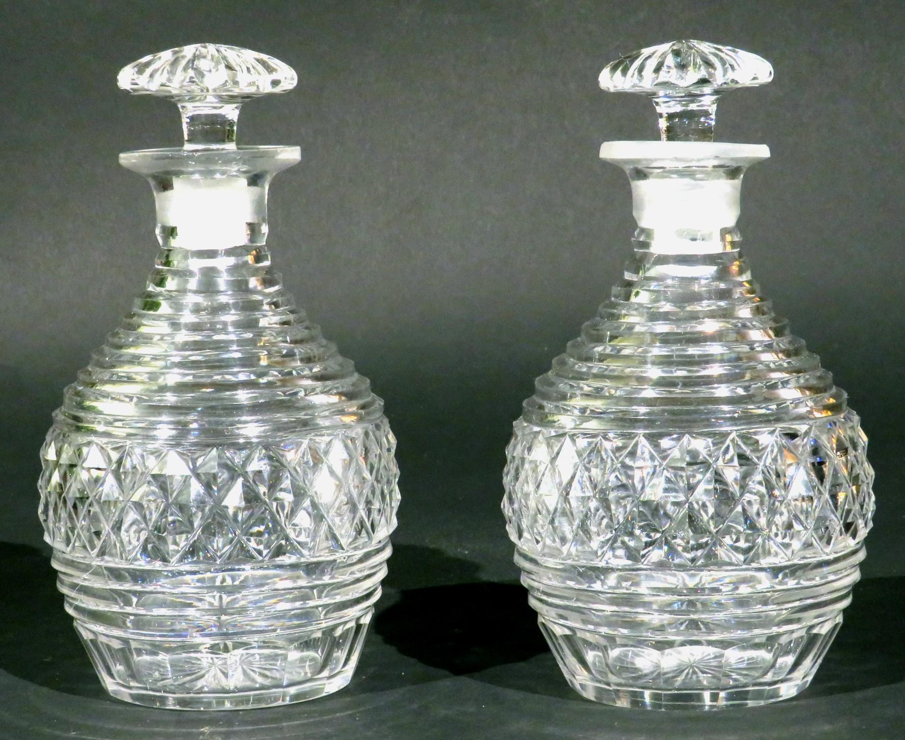 British Pair of Georgian Anglo-Irish Cut Glass Spirit Decanters & Silver Plated Caddy For Sale