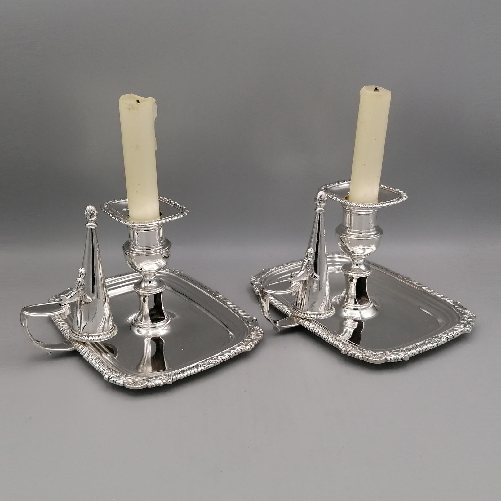 An important full marked Antique Georgian sterling silver pair of oblong chambersticks by William Bateman I°, 
having a rectangular body with a gadroon & shell border, a side-handle with original removable snuffer. 
These elegant antique silver