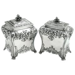 Pair of Georgian Antique Sterling Silver Tea Caddies 1761 Tea Caddy Boxes