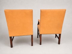 Pair of Georgian Carved Mahogany Library Armchairs in Peach Leather