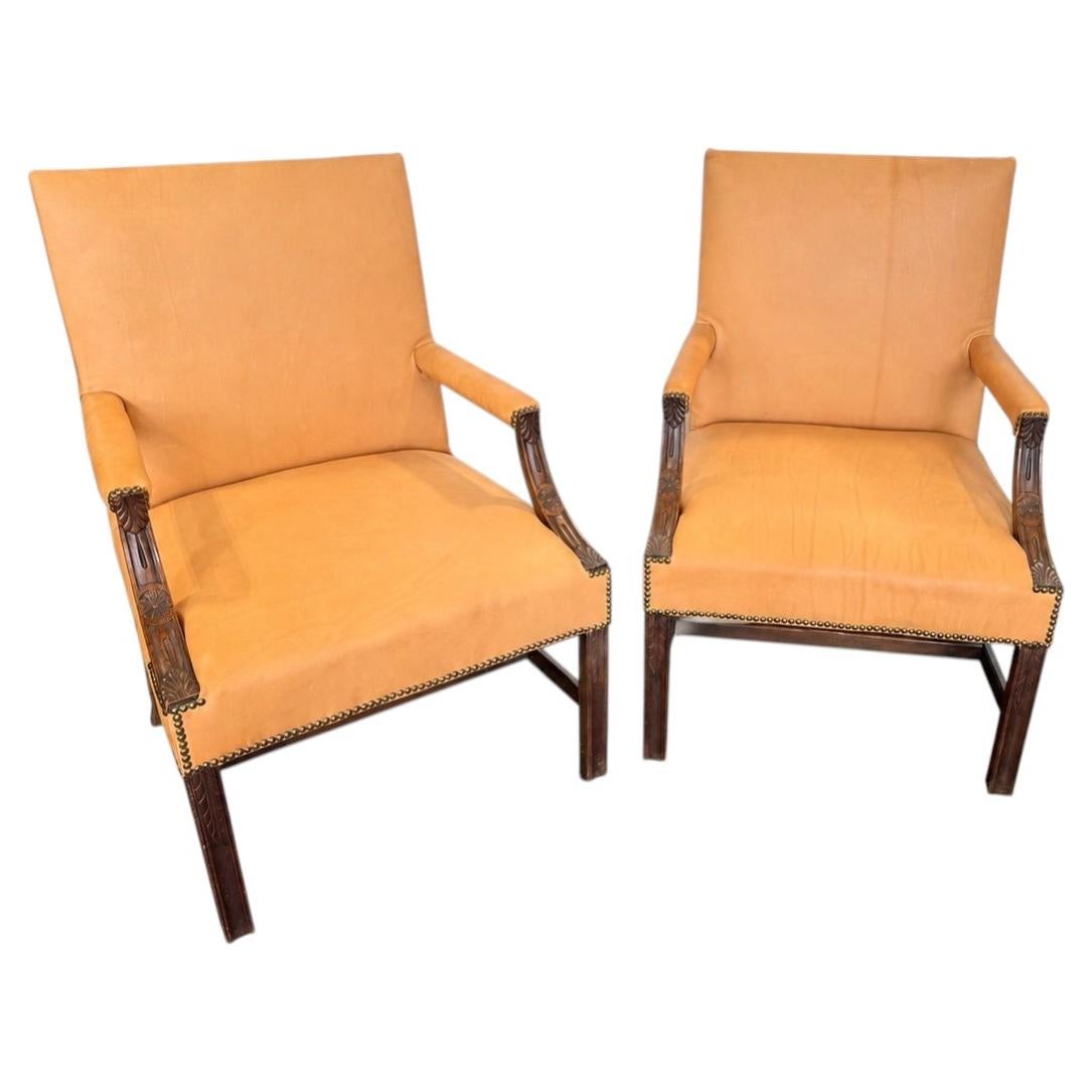 Pair of Georgian Carved Mahogany Library Armchairs in Peach Leather For Sale