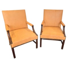 Pair of Georgian Carved Mahogany Library Armchairs in Peach Leather