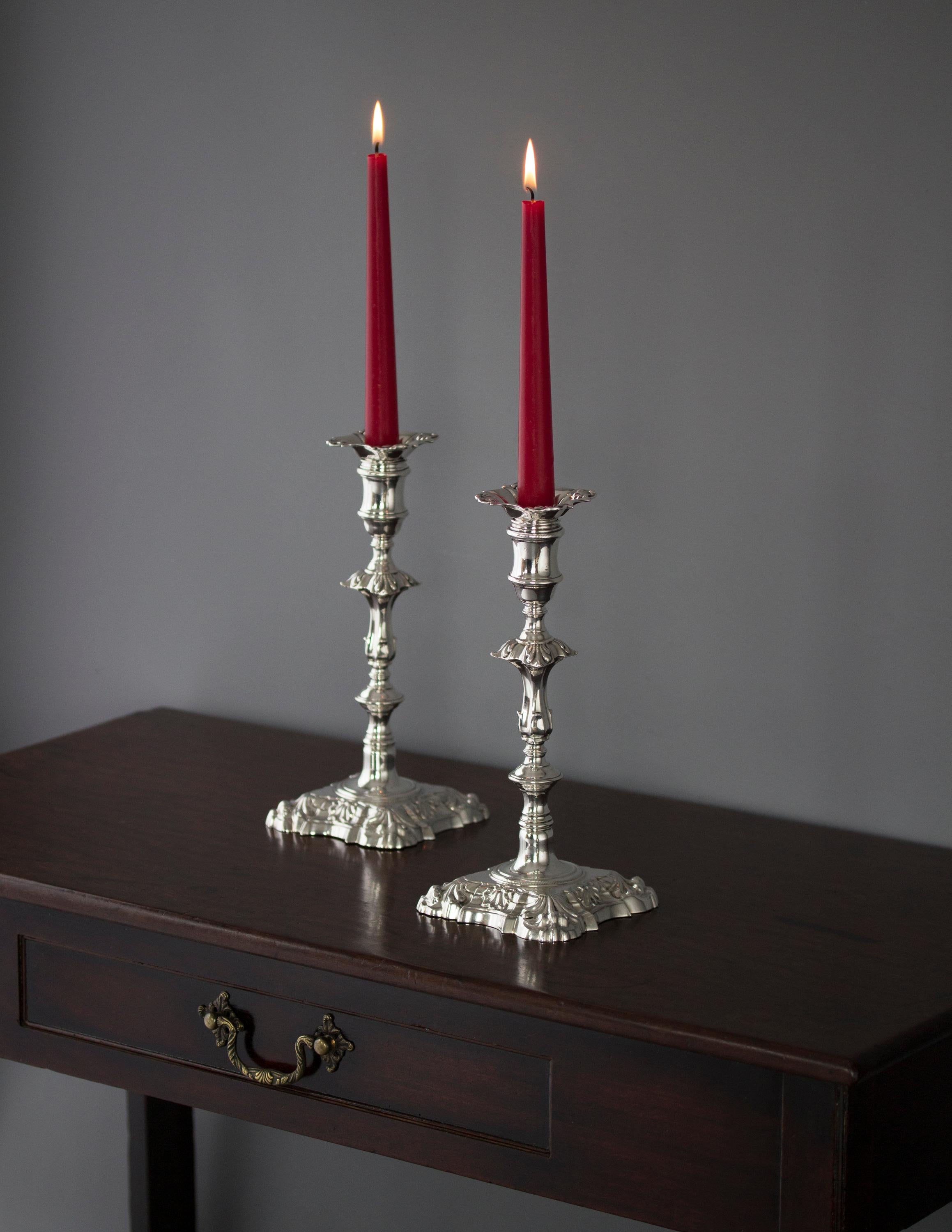 Pair of Georgian Cast Silver Candlesticks, London 1757 by John Cafe For Sale 5