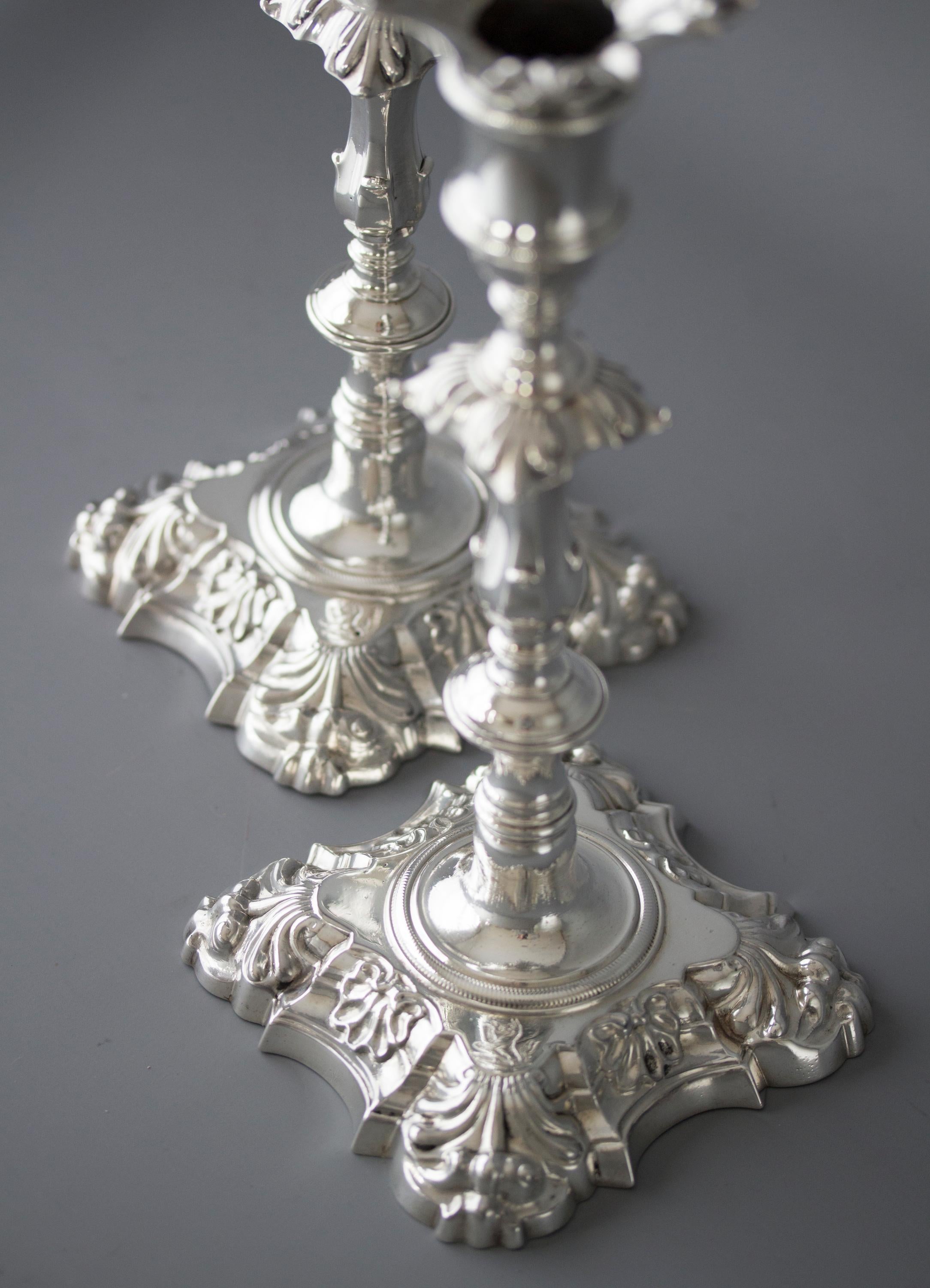 Mid-18th Century Pair of Georgian Cast Silver Candlesticks, London 1757 by John Cafe For Sale