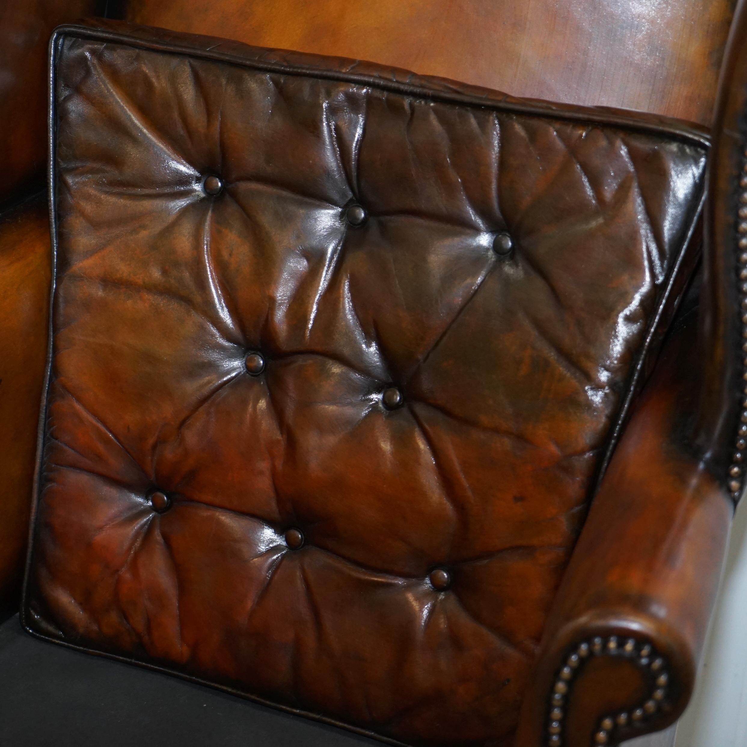 Pair of Georgian, circa 1820 Restored Hand Dyed Brown Leather Wingback Armchairs 5