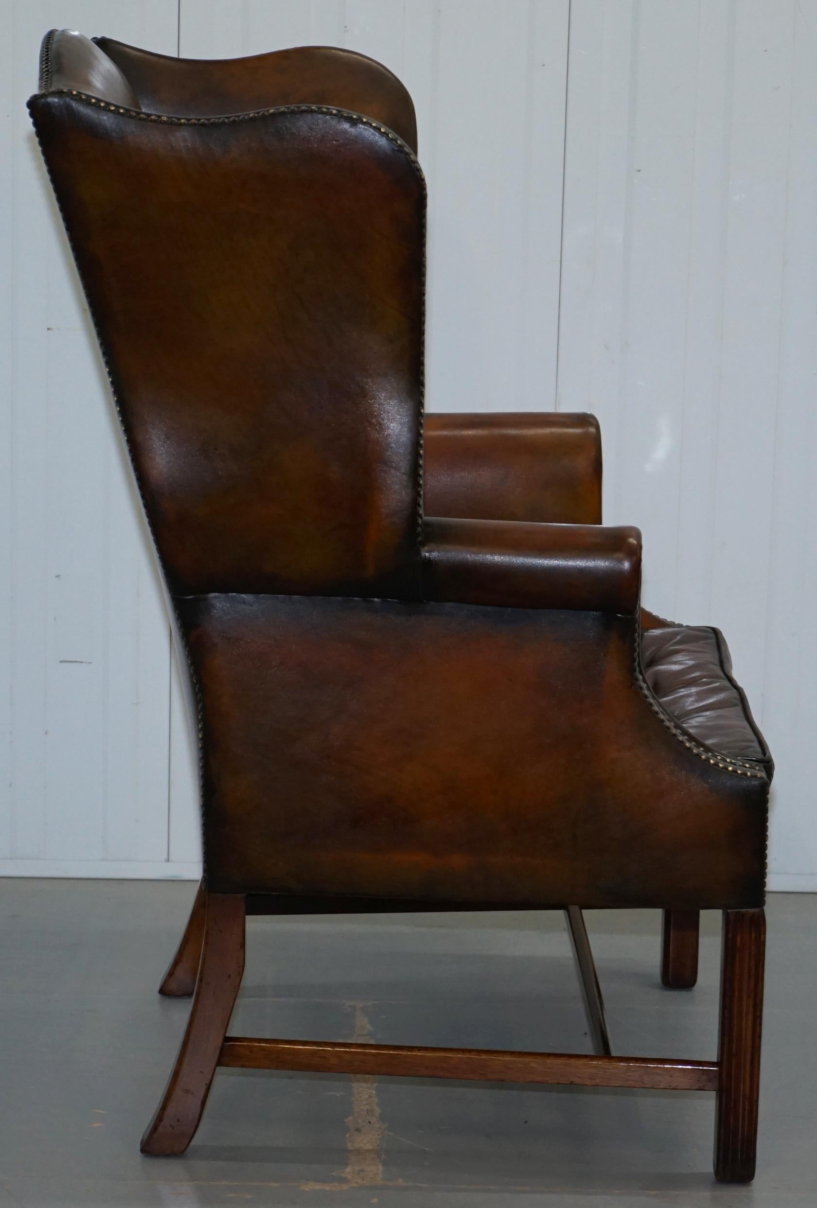 Pair of Georgian, circa 1820 Restored Hand Dyed Brown Leather Wingback Armchairs 6