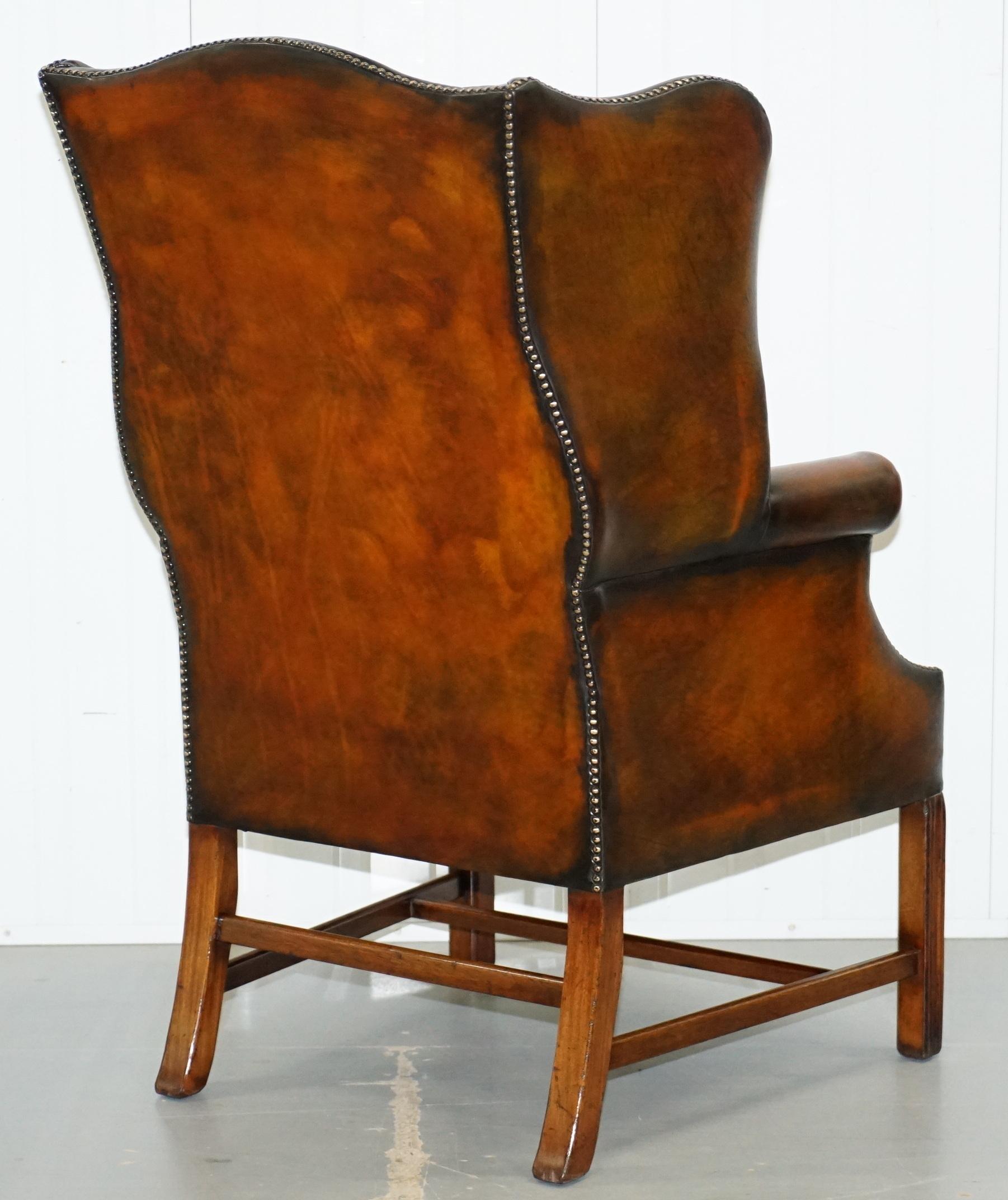 Pair of Georgian, circa 1820 Restored Hand Dyed Brown Leather Wingback Armchairs 7