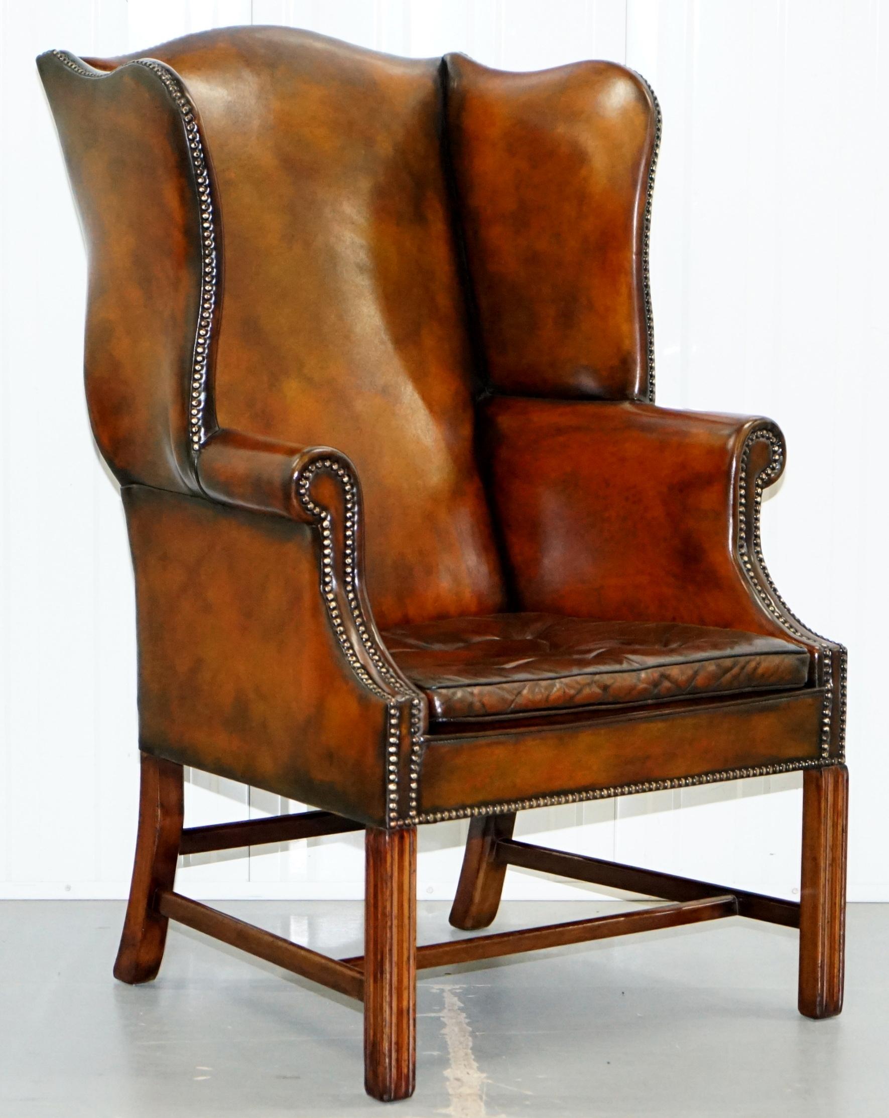 Pair of Georgian, circa 1820 Restored Hand Dyed Brown Leather Wingback Armchairs 9