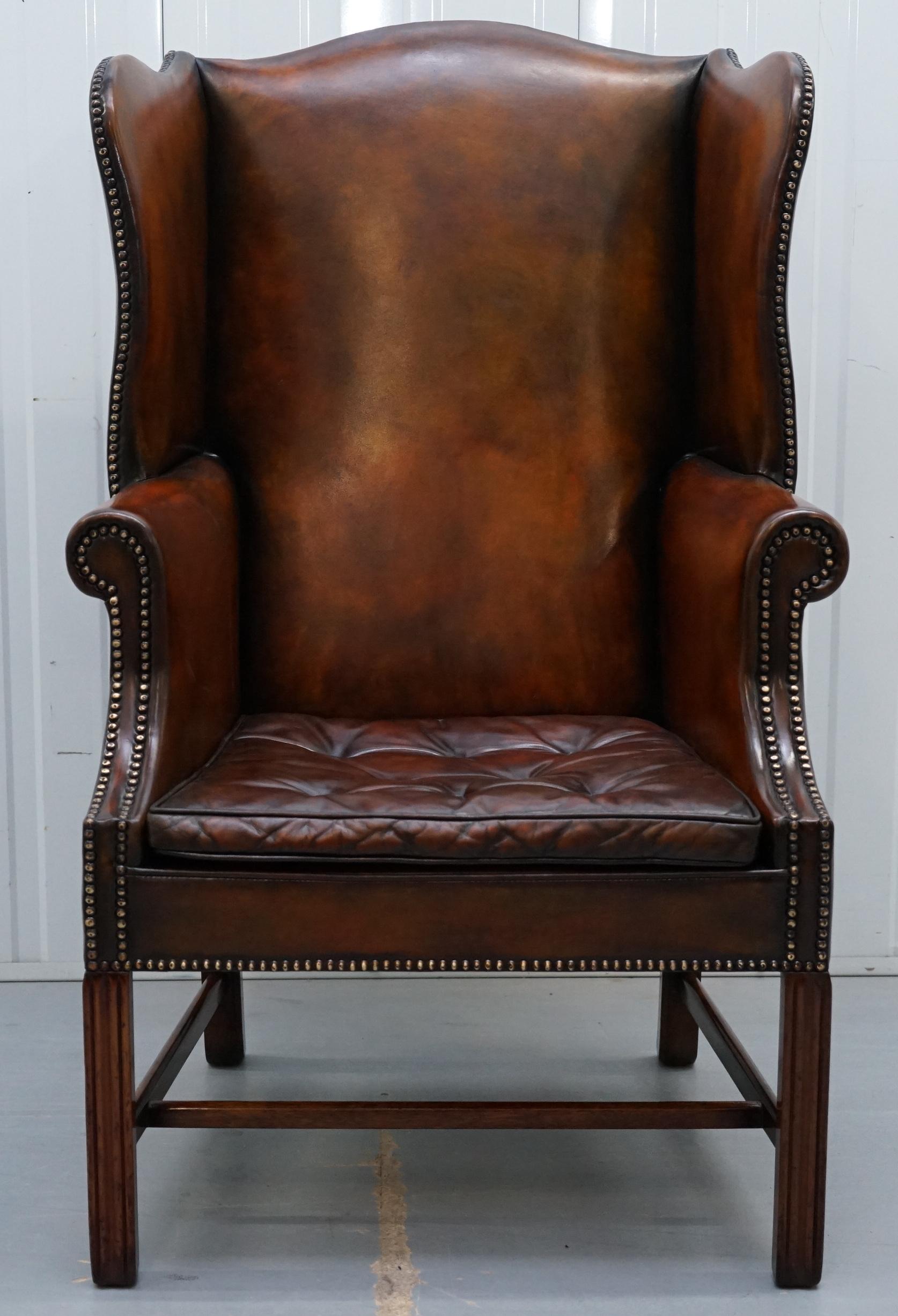 Pair of Georgian, circa 1820 Restored Hand Dyed Brown Leather Wingback Armchairs 10