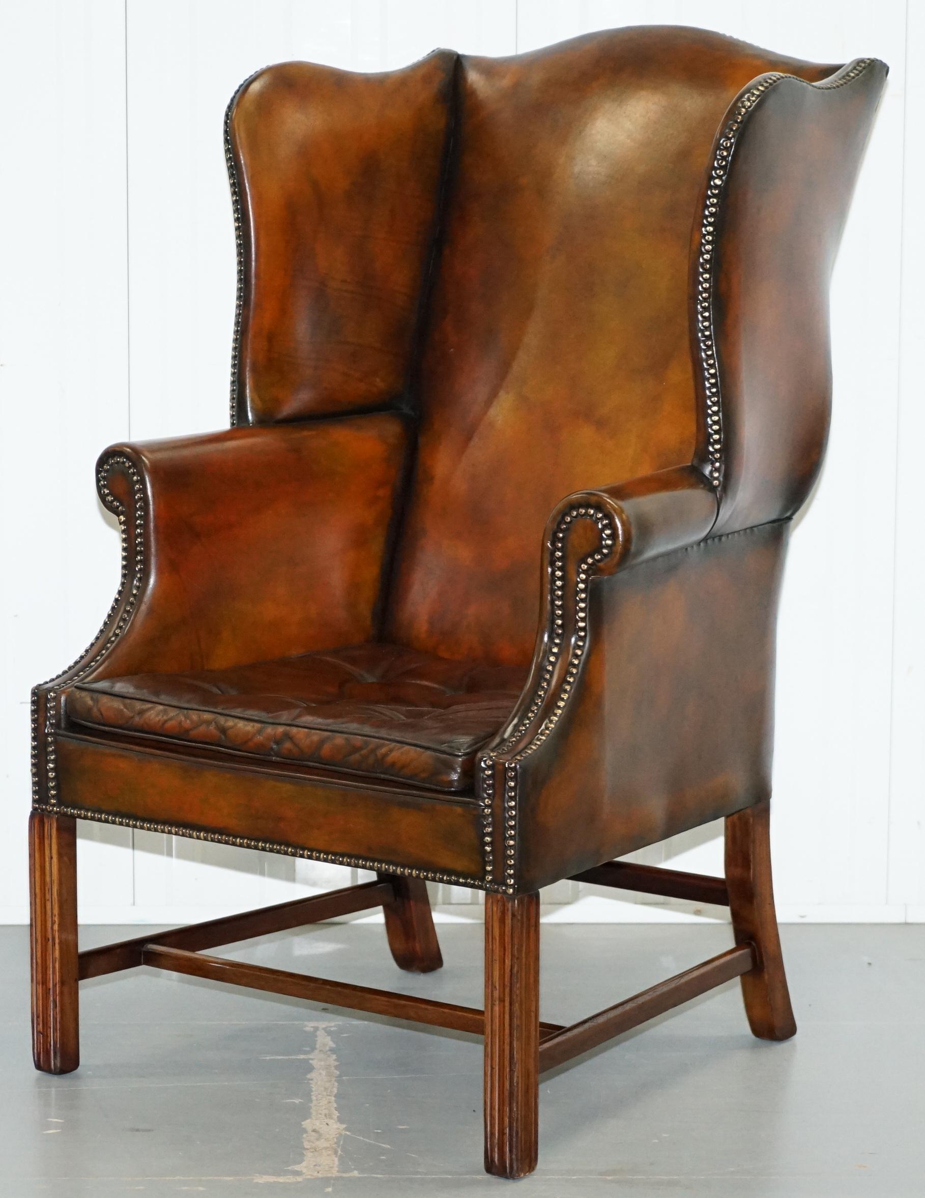 Pair of Georgian, circa 1820 Restored Hand Dyed Brown Leather Wingback Armchairs 11