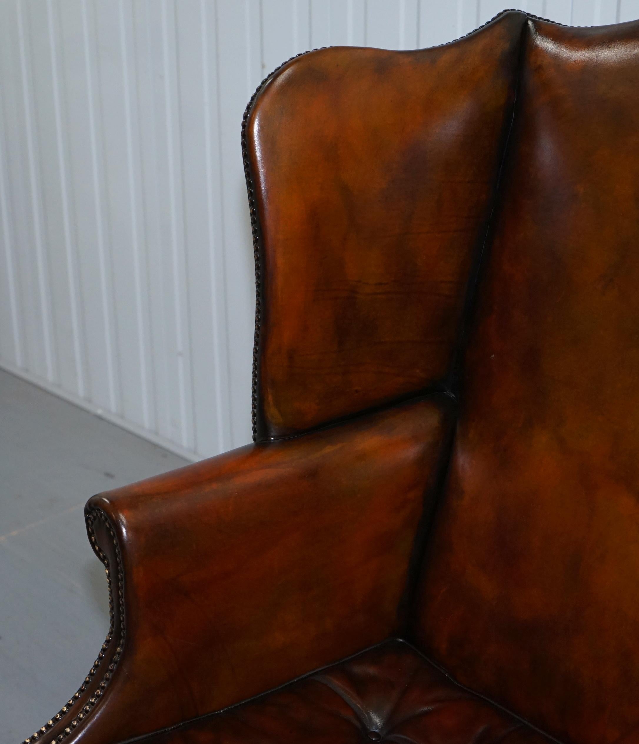 Pair of Georgian, circa 1820 Restored Hand Dyed Brown Leather Wingback Armchairs 12