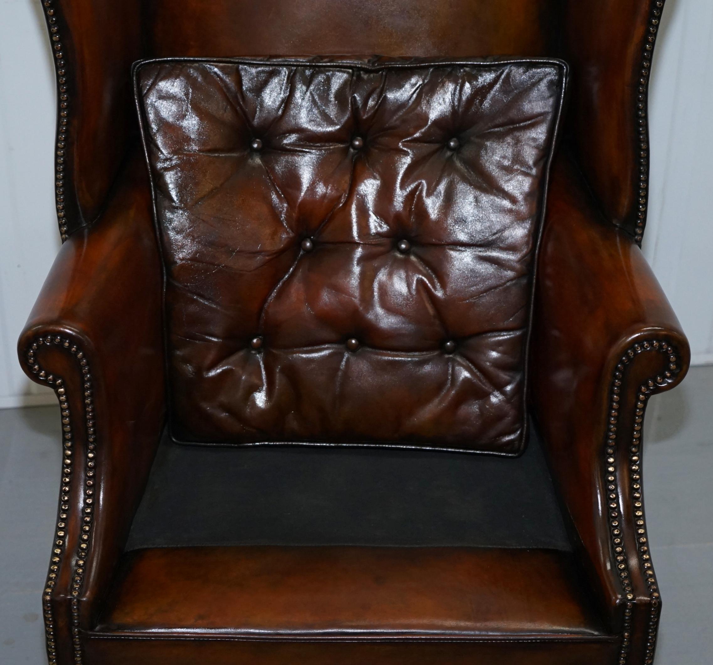Pair of Georgian, circa 1820 Restored Hand Dyed Brown Leather Wingback Armchairs 14