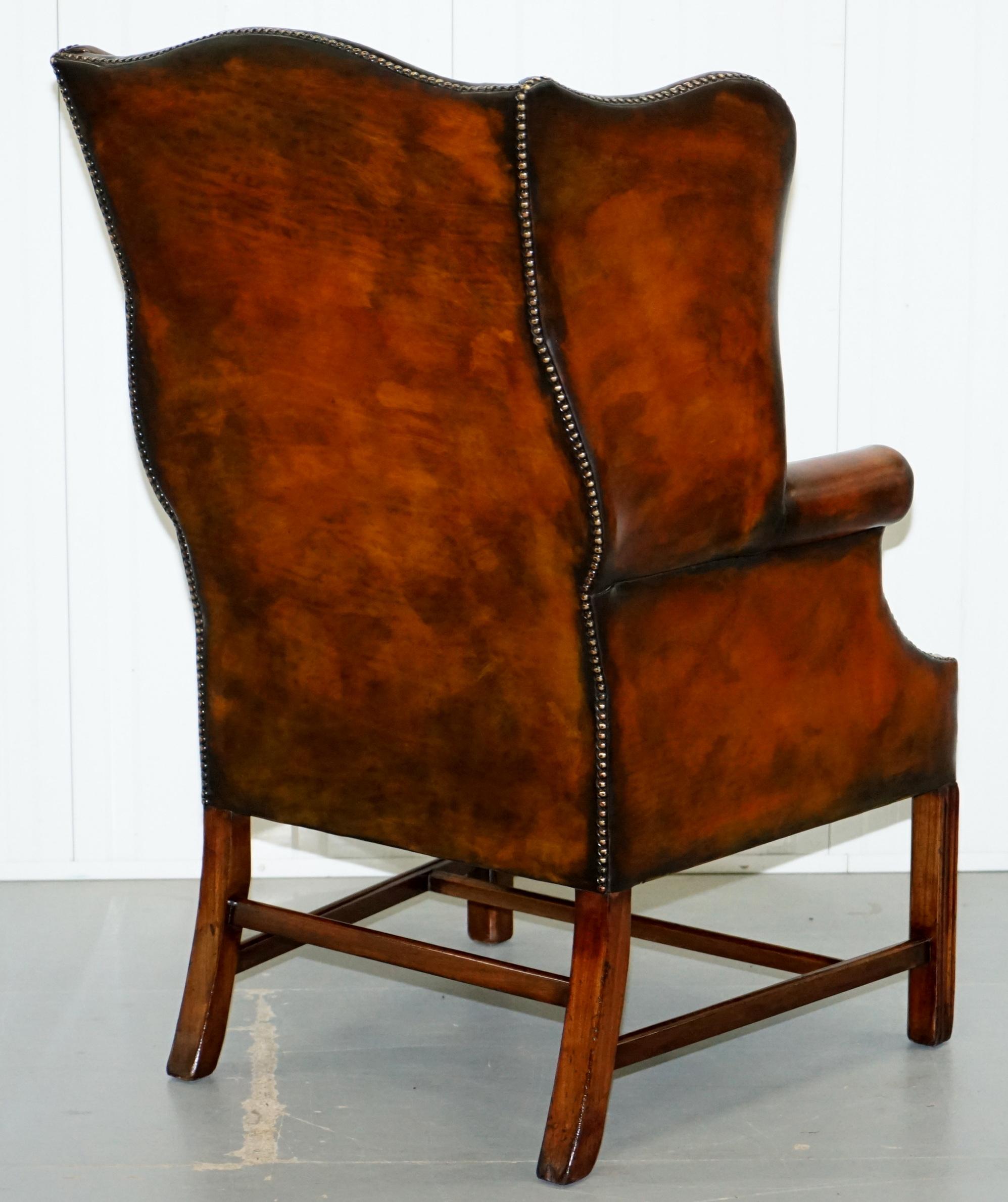Pair of Georgian, circa 1820 Restored Hand Dyed Brown Leather Wingback Armchairs 15