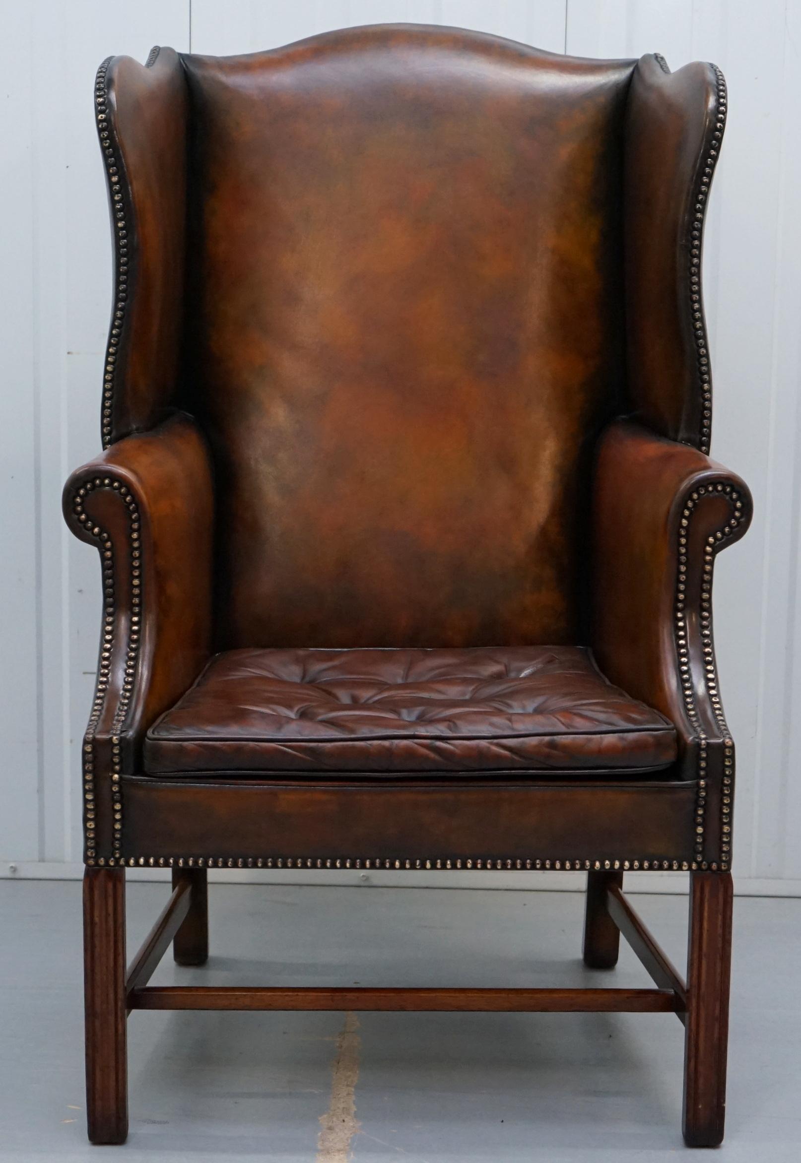 English Pair of Georgian, circa 1820 Restored Hand Dyed Brown Leather Wingback Armchairs