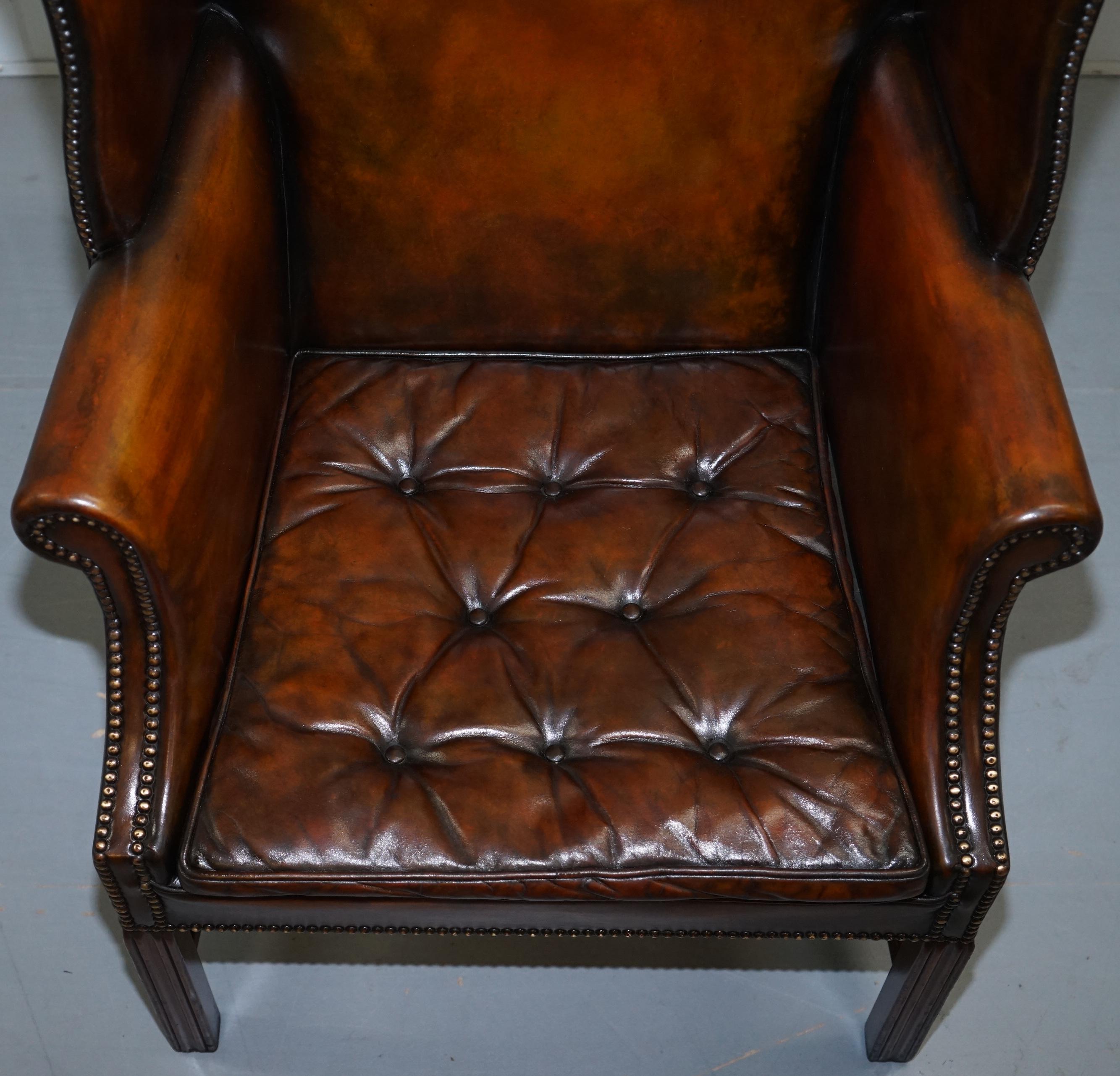 Early 19th Century Pair of Georgian, circa 1820 Restored Hand Dyed Brown Leather Wingback Armchairs