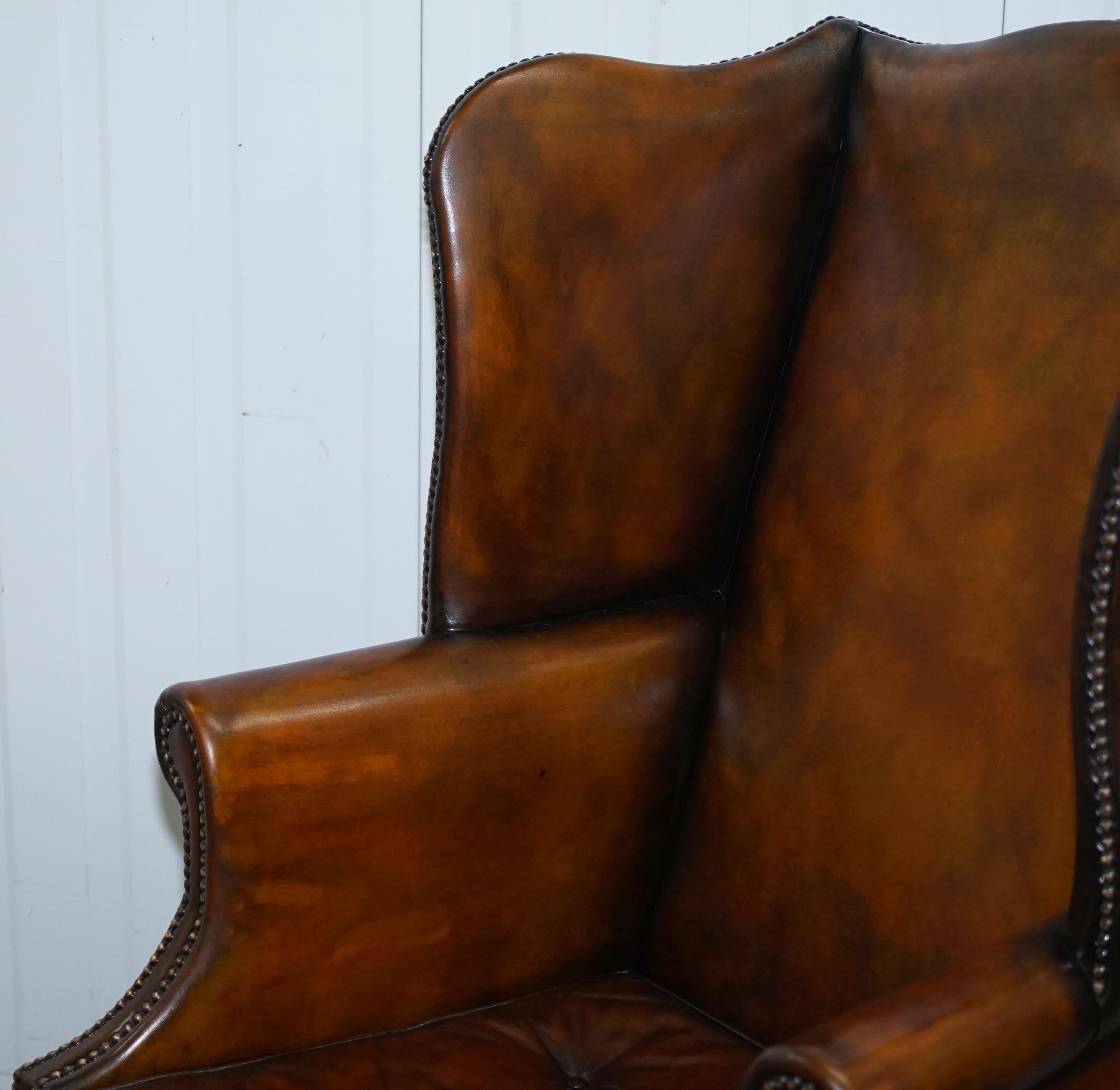 Pair of Georgian, circa 1820 Restored Hand Dyed Brown Leather Wingback Armchairs 1