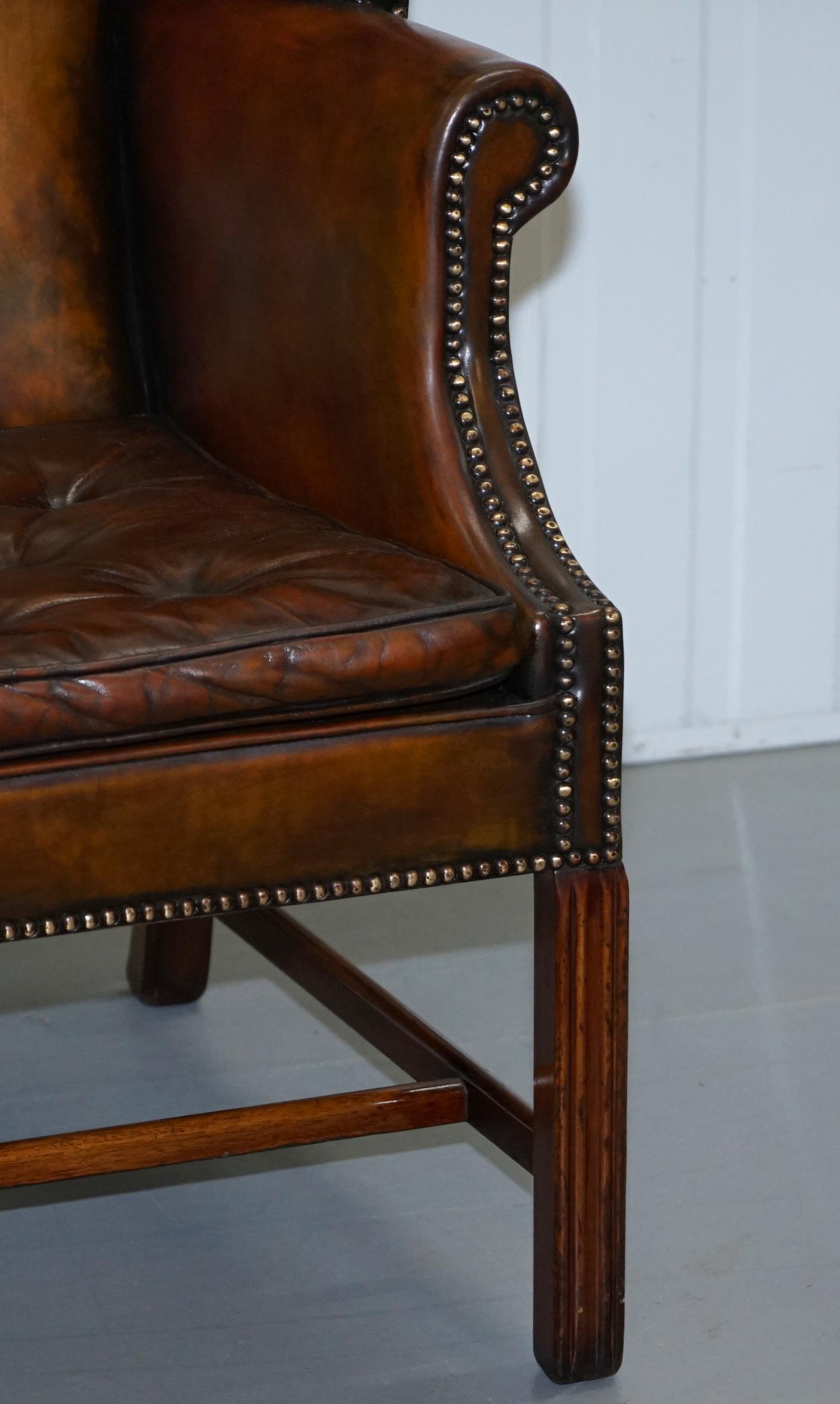 Pair of Georgian, circa 1820 Restored Hand Dyed Brown Leather Wingback Armchairs 2