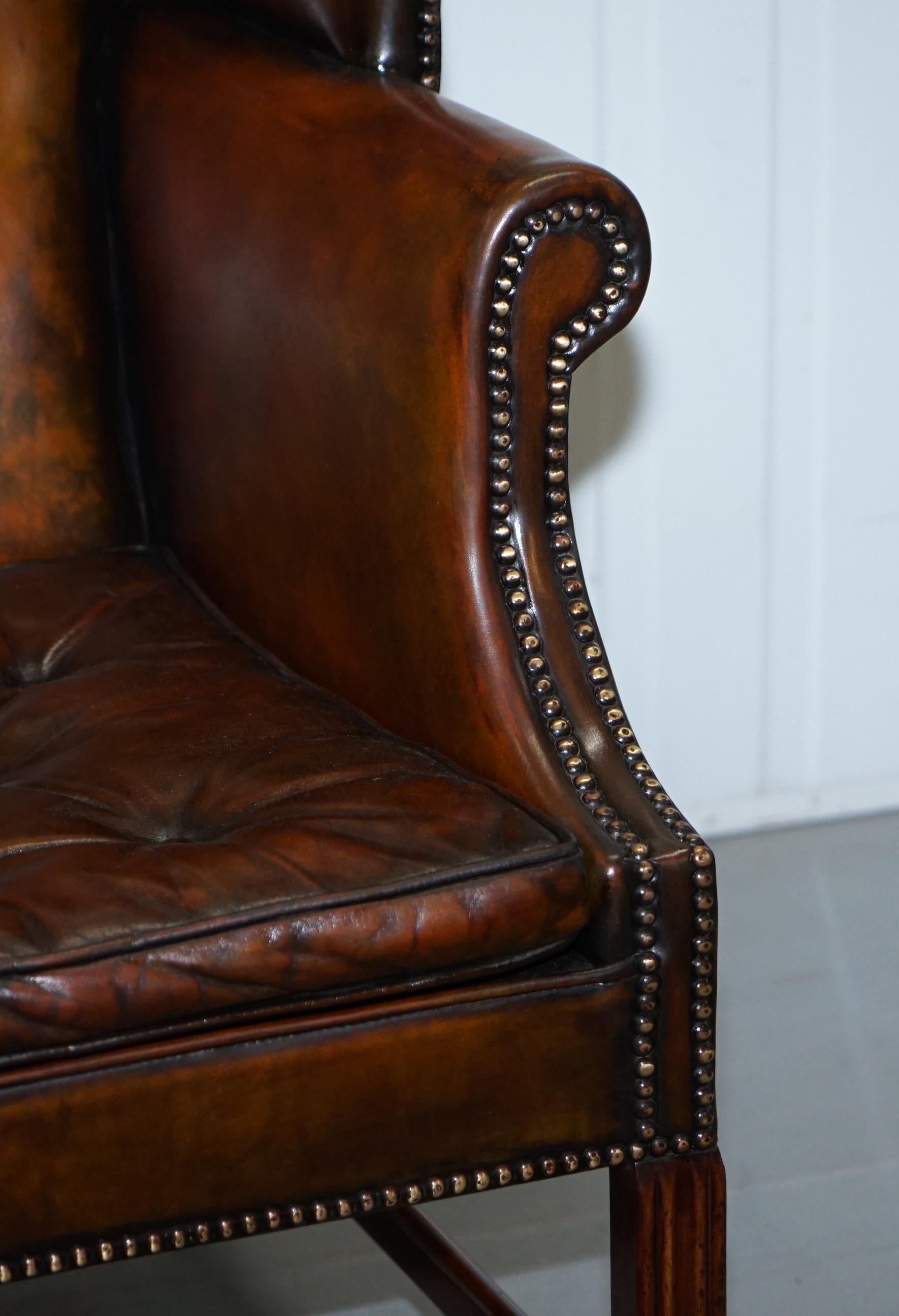 Pair of Georgian, circa 1820 Restored Hand Dyed Brown Leather Wingback Armchairs 3