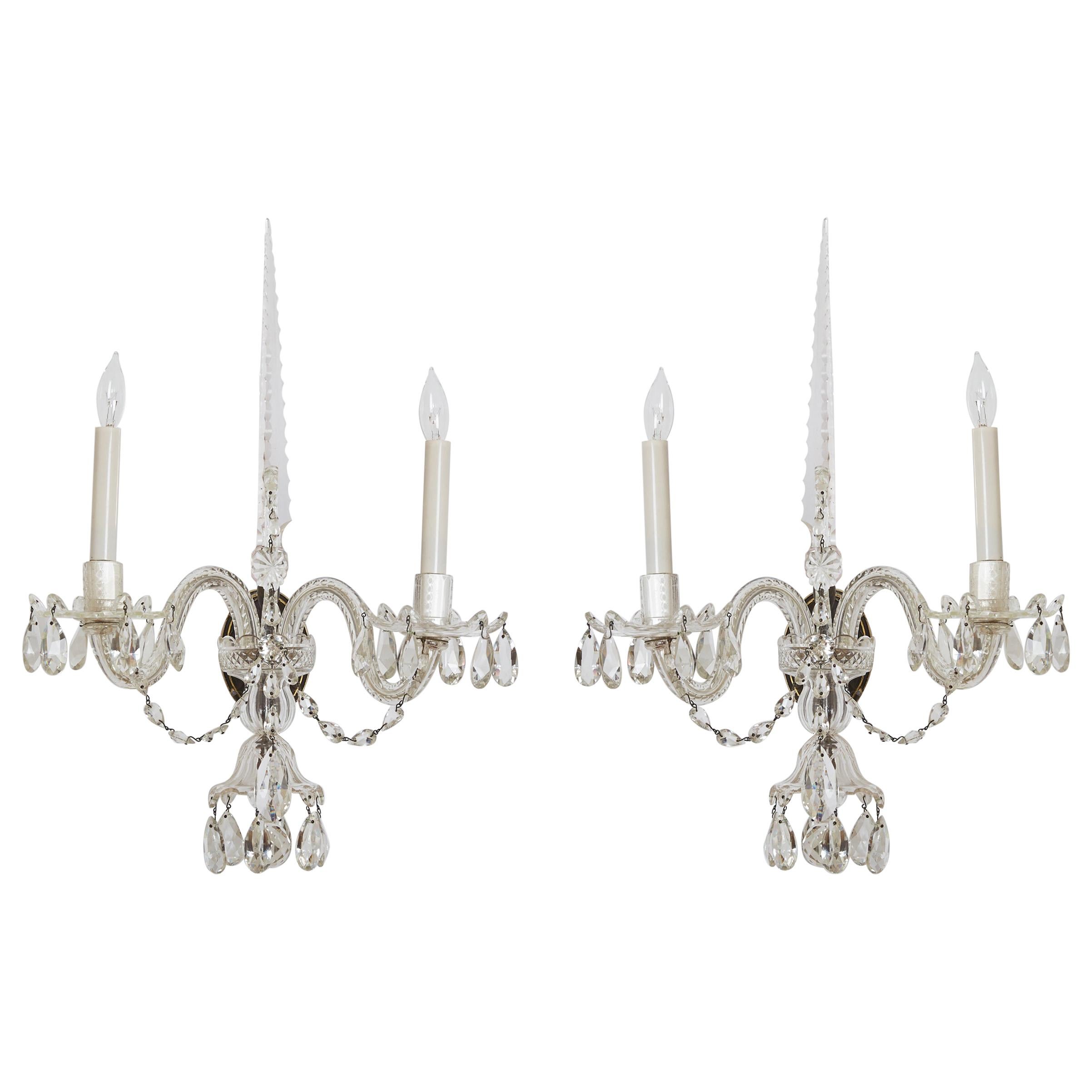 Pair of George III Style Crystal Sconces, Two Armed Sconces, Circa 1890