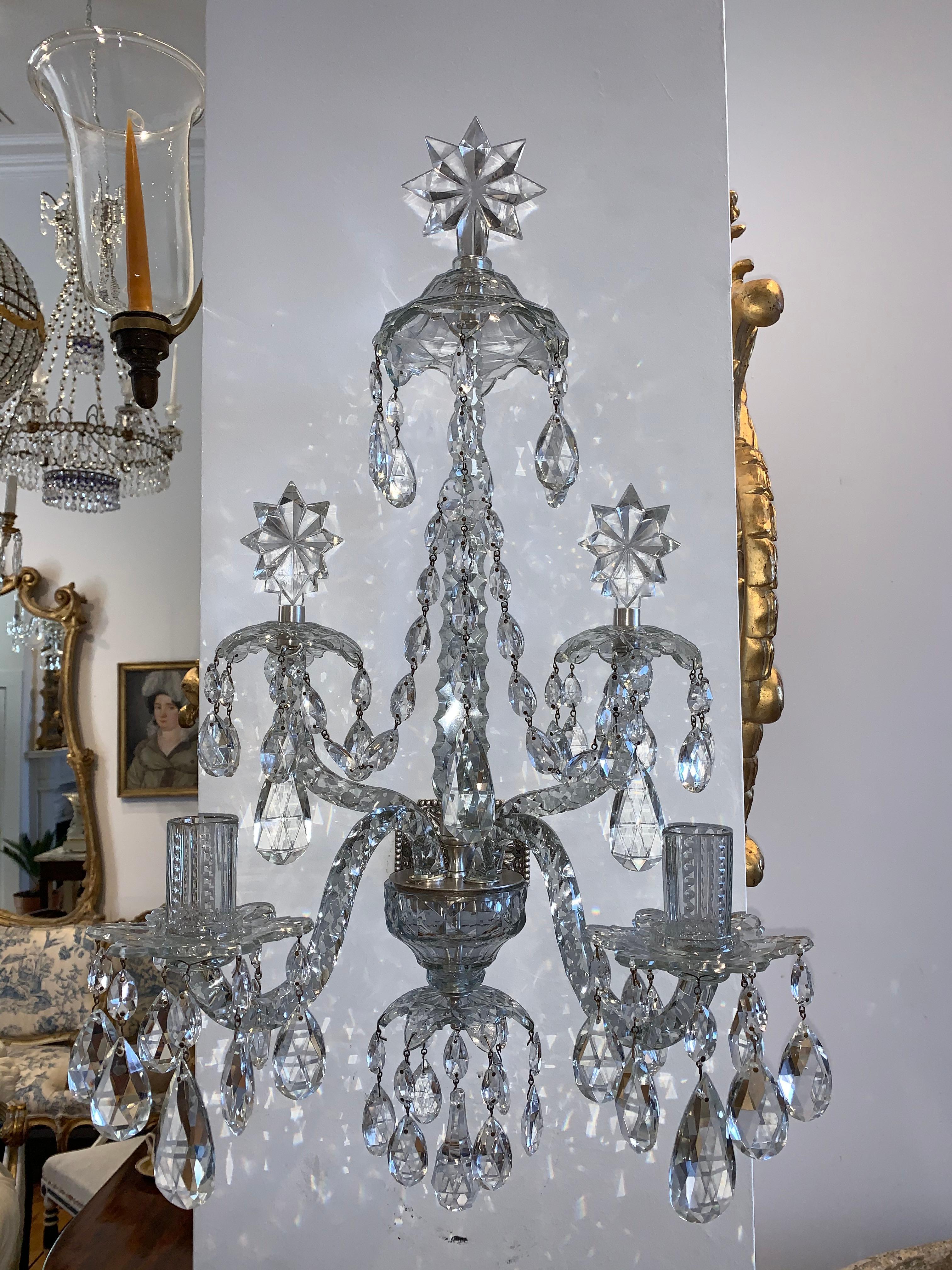 Pair of Georgian Crystal Sconces In Good Condition In Essex, MA