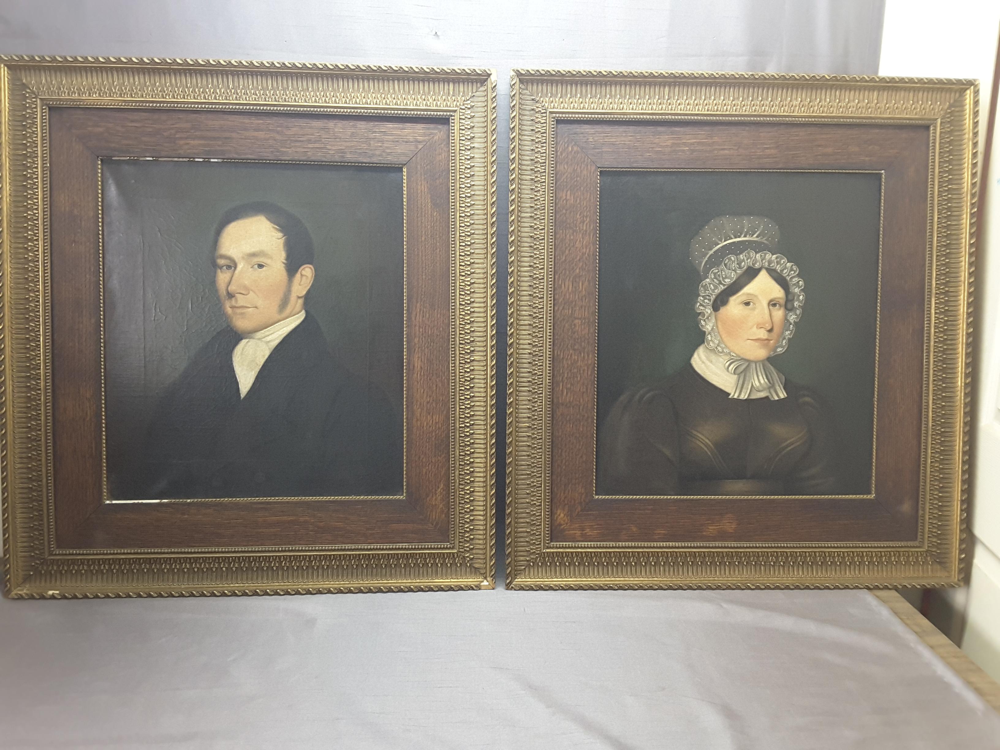 A pair of Georgian English 19th century portraits of a gentleman and a woman, oil on canvas, original frame and stretcher, crackle paint (stable condition) typical of older paintings of this vintage. The paintings are marked on verso, Painted by