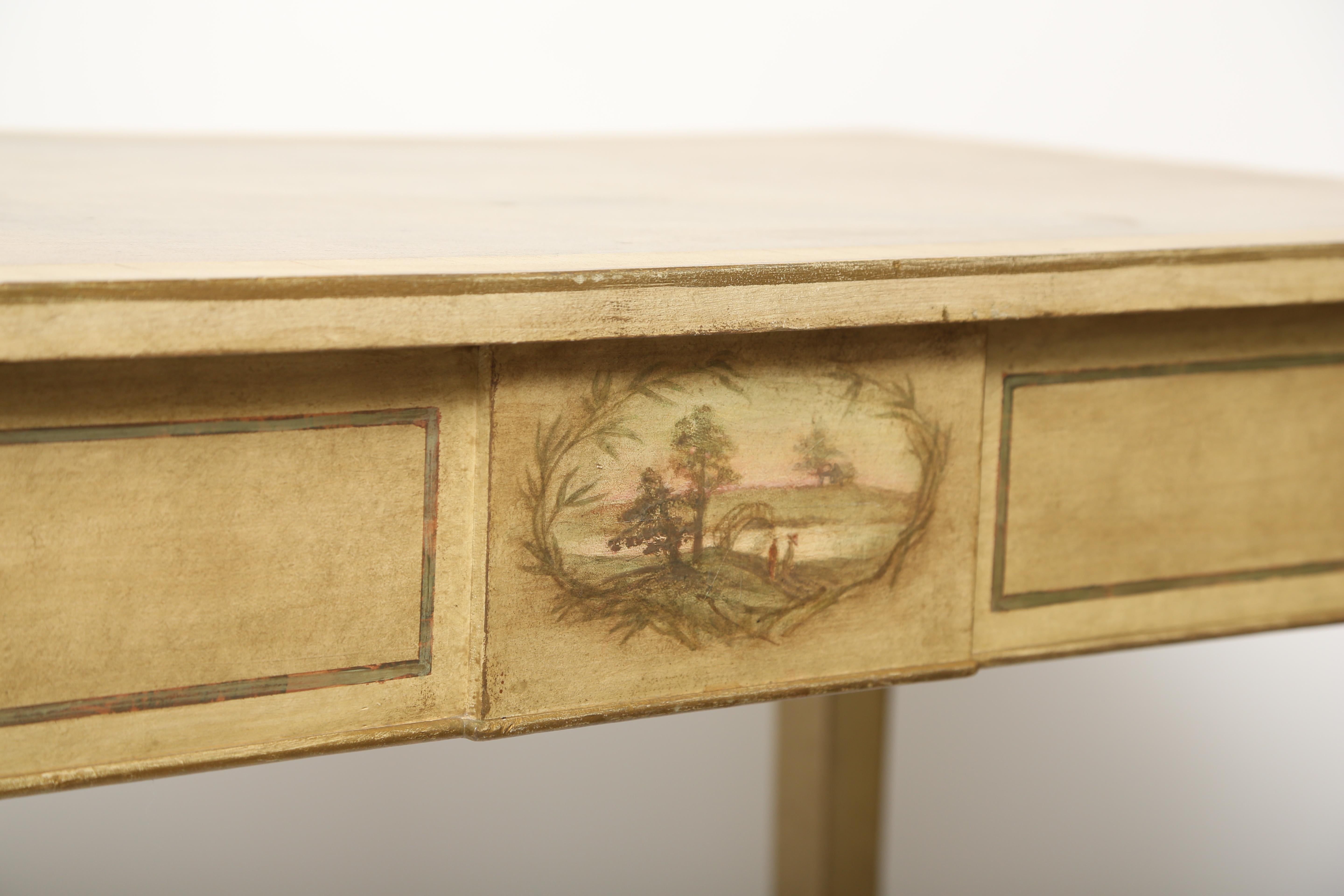  The tables are 19th century mahogany and later decorated in the mid-20th century. The top is painted as faux parchment. Each table has its own hand-painted scene on the apron. All surfaces are outlined with a fine gold line. The legs are square and