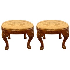 Antique Pair of Georgian Footstools or Benches Carved Mahogany and Upholstered