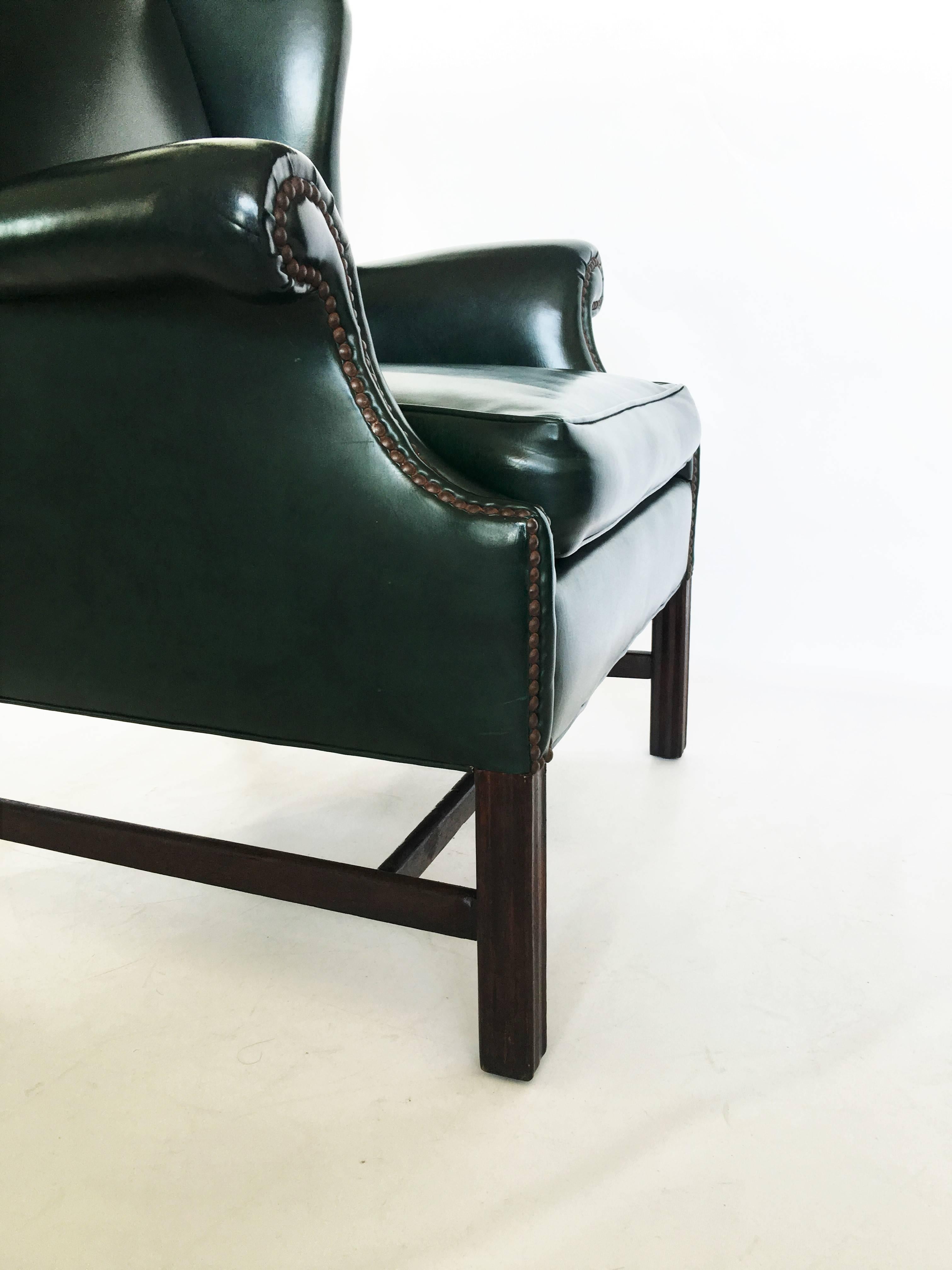 English Pair of Georgian Forest Green Leather Wingback Armchairs