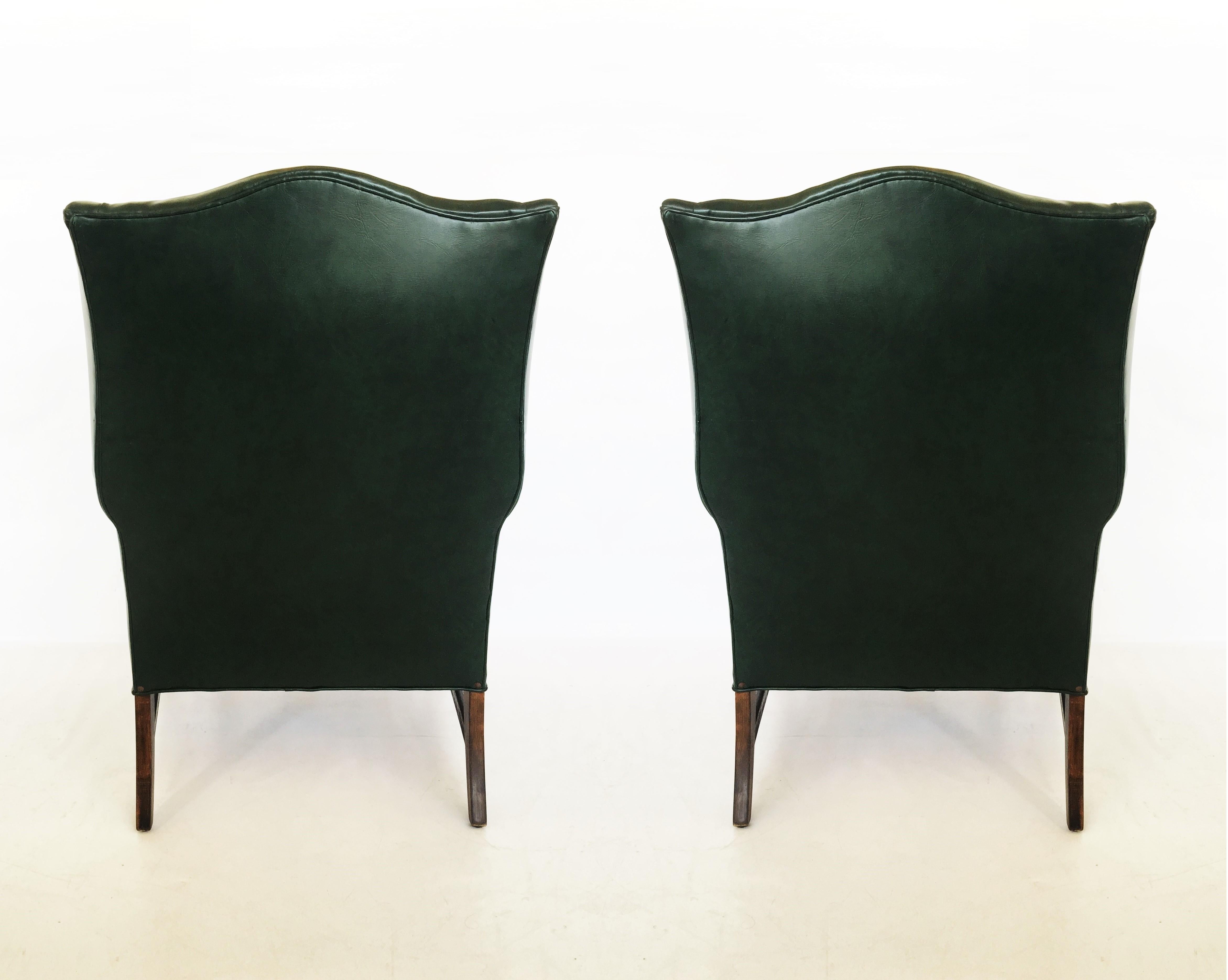 20th Century Pair of Georgian Forest Green Leather Wingback Armchairs