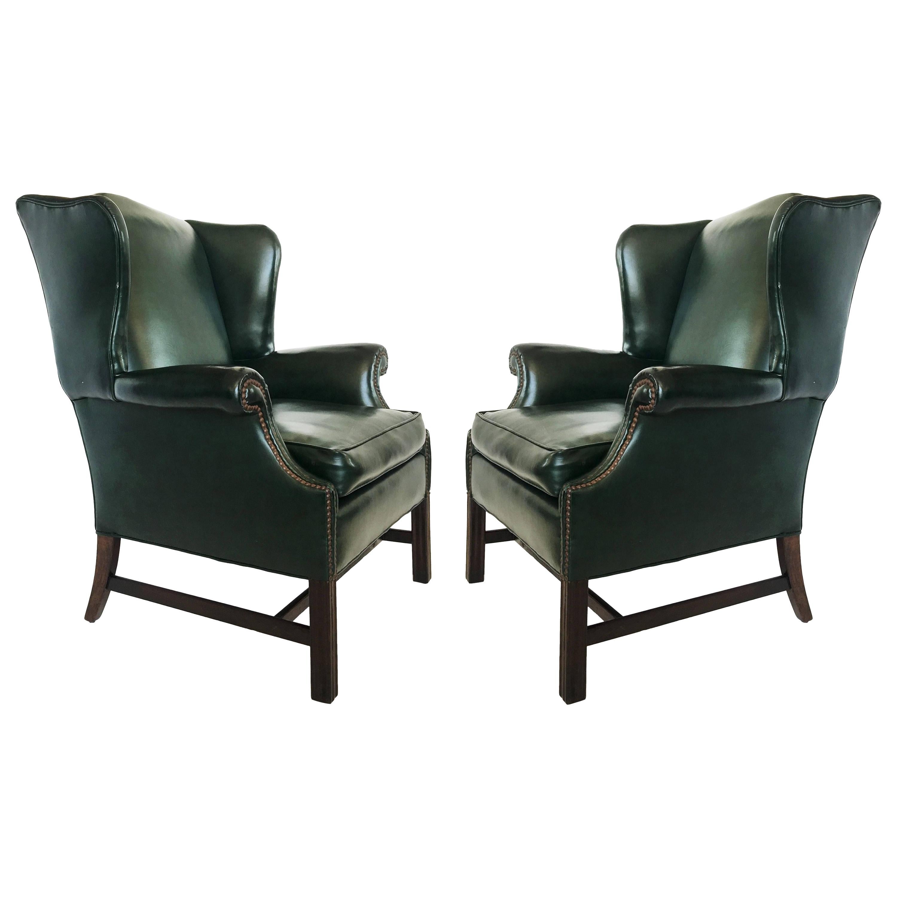Pair of Georgian Forest Green Leather Wingback Armchairs