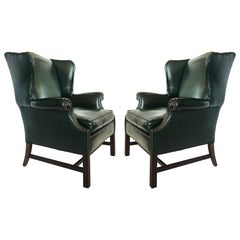 Pair of Georgian Forest Green Leather Wingback Armchairs