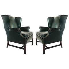 Pair of Georgian Forest Green Leather Wingback Armchairs