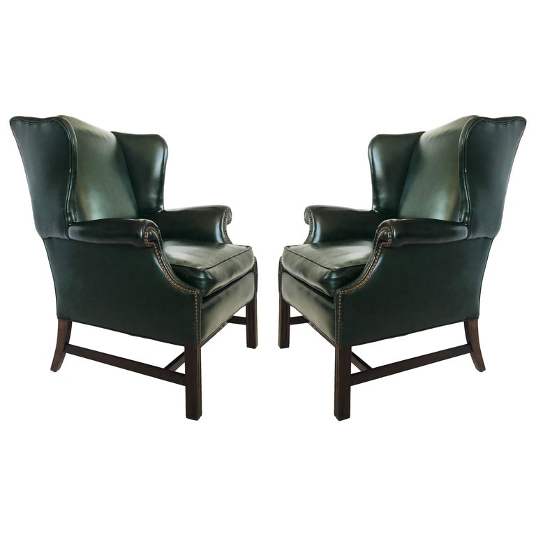Pair of Forest Green Leather Wingback Armchairs at 1stDibs