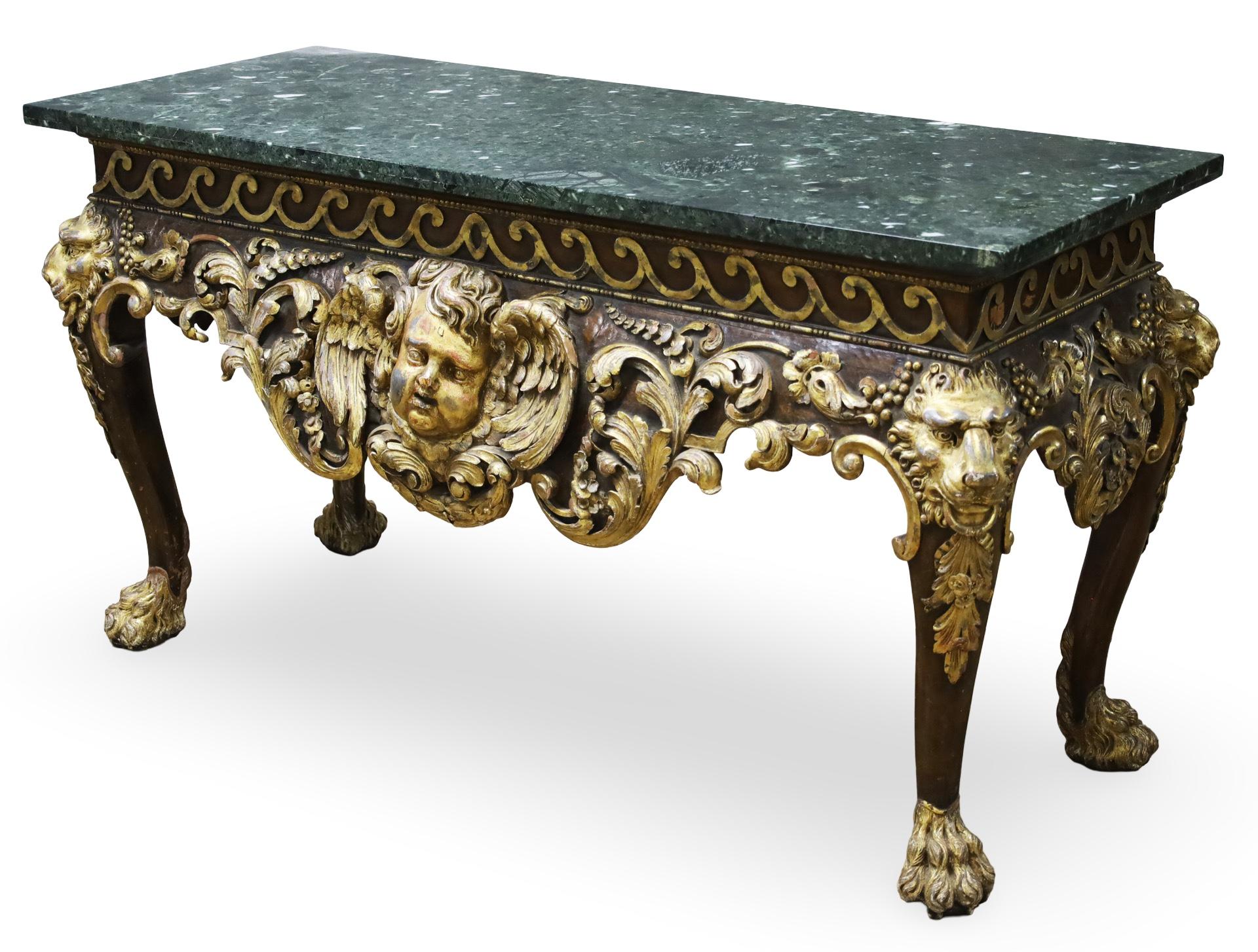 Fine quality Georgian giltwood consoles tables, in the manner of reknown architect and cabinet maker William Kent, having green marble tops above a repeating bead and scroll frieze, the shaped aprons with centered with winged cherubs, raised on