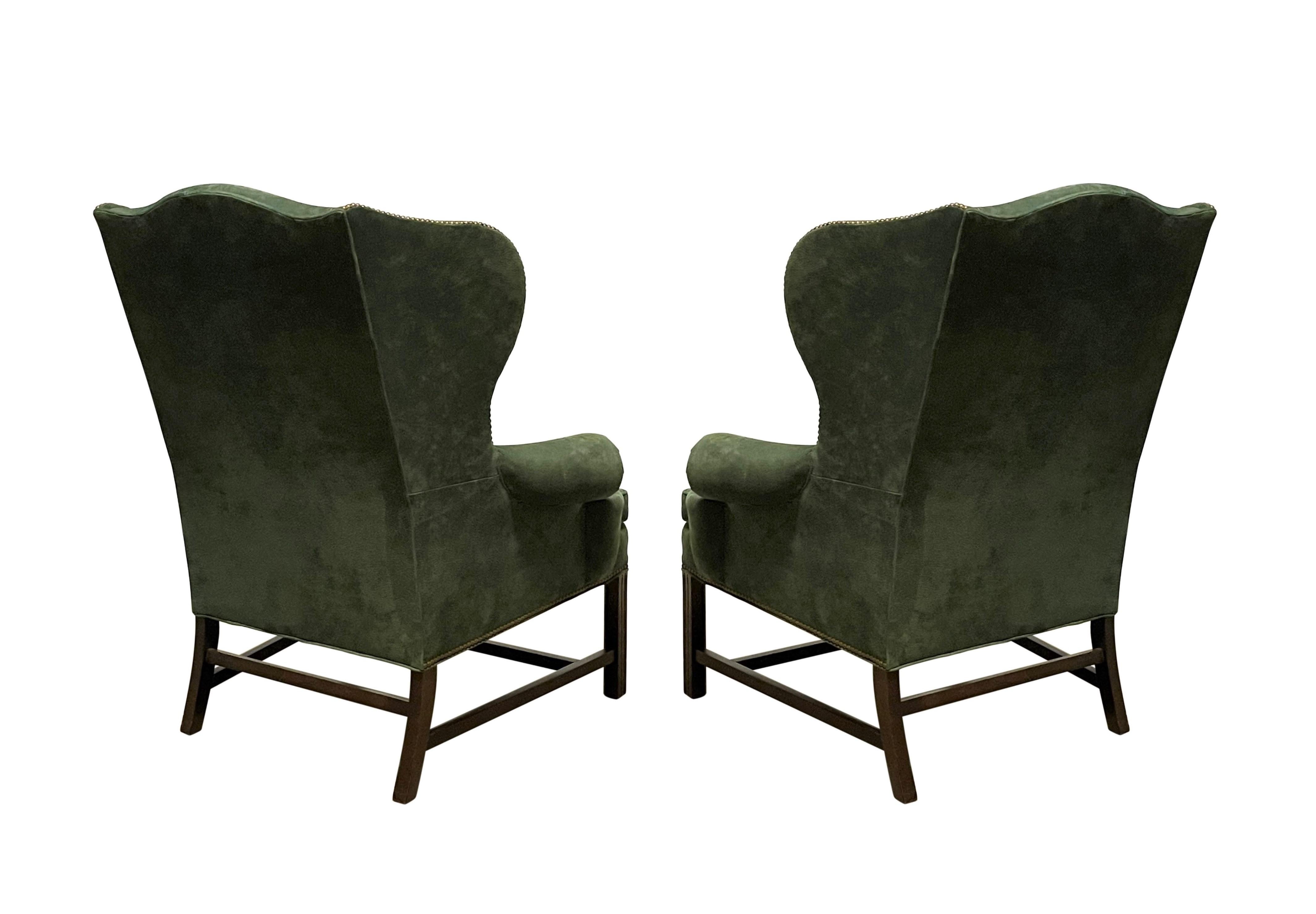 Brass Pair of Georgian Green Suede Wingback Armchairs