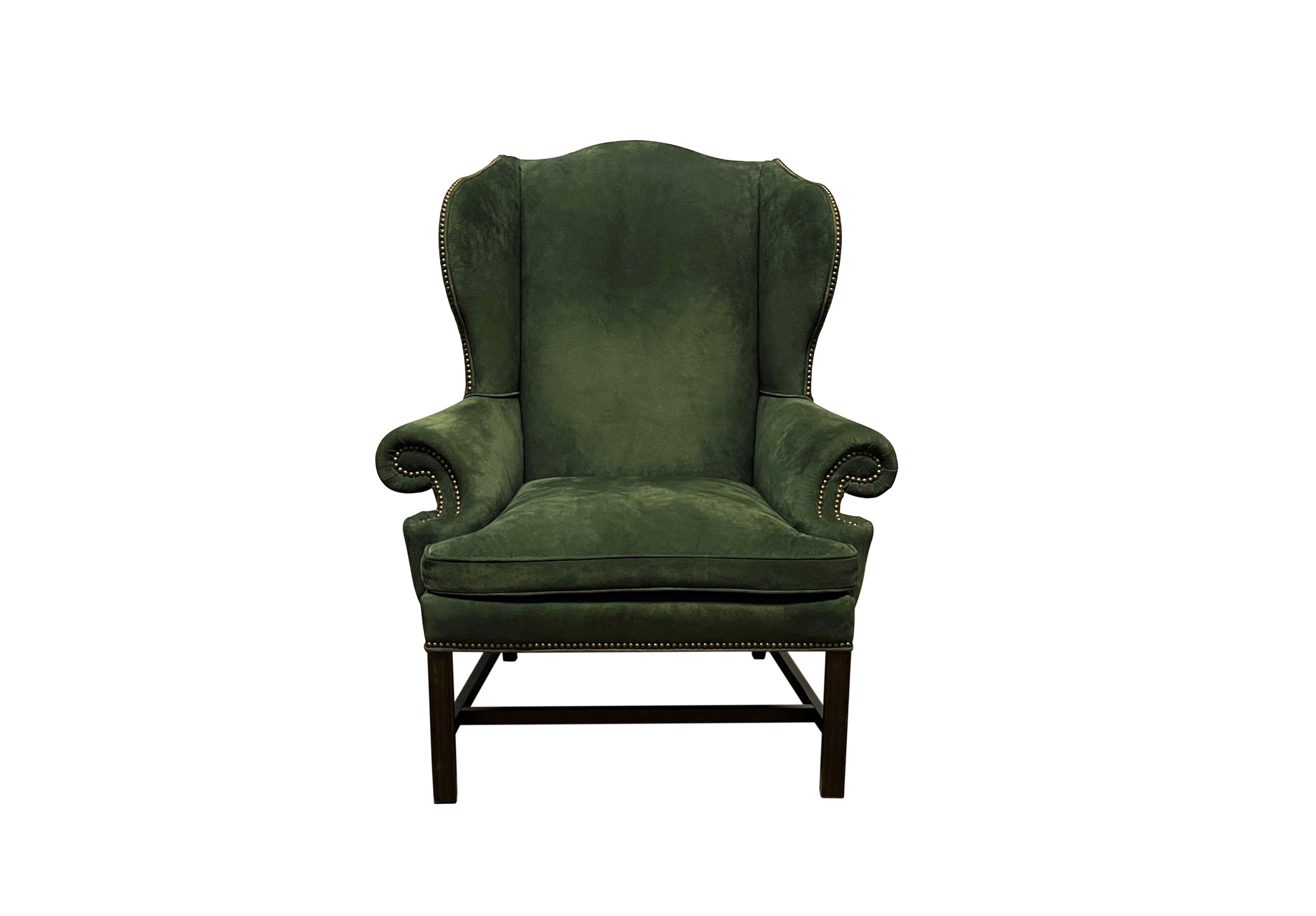 English Pair of Georgian Green Suede Wingback Armchairs