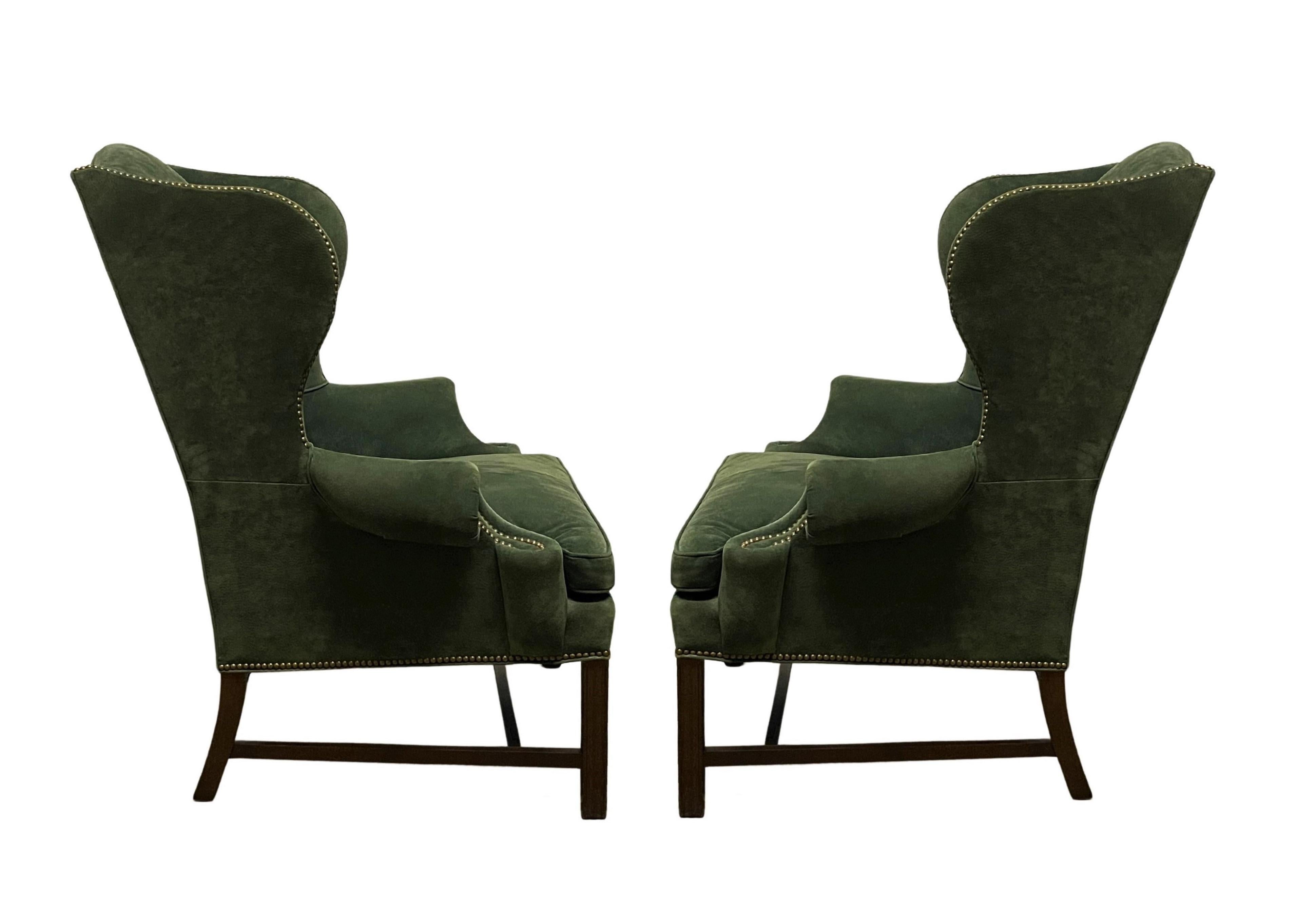Pair of Georgian Green Suede Wingback Armchairs In Good Condition In Dallas, TX